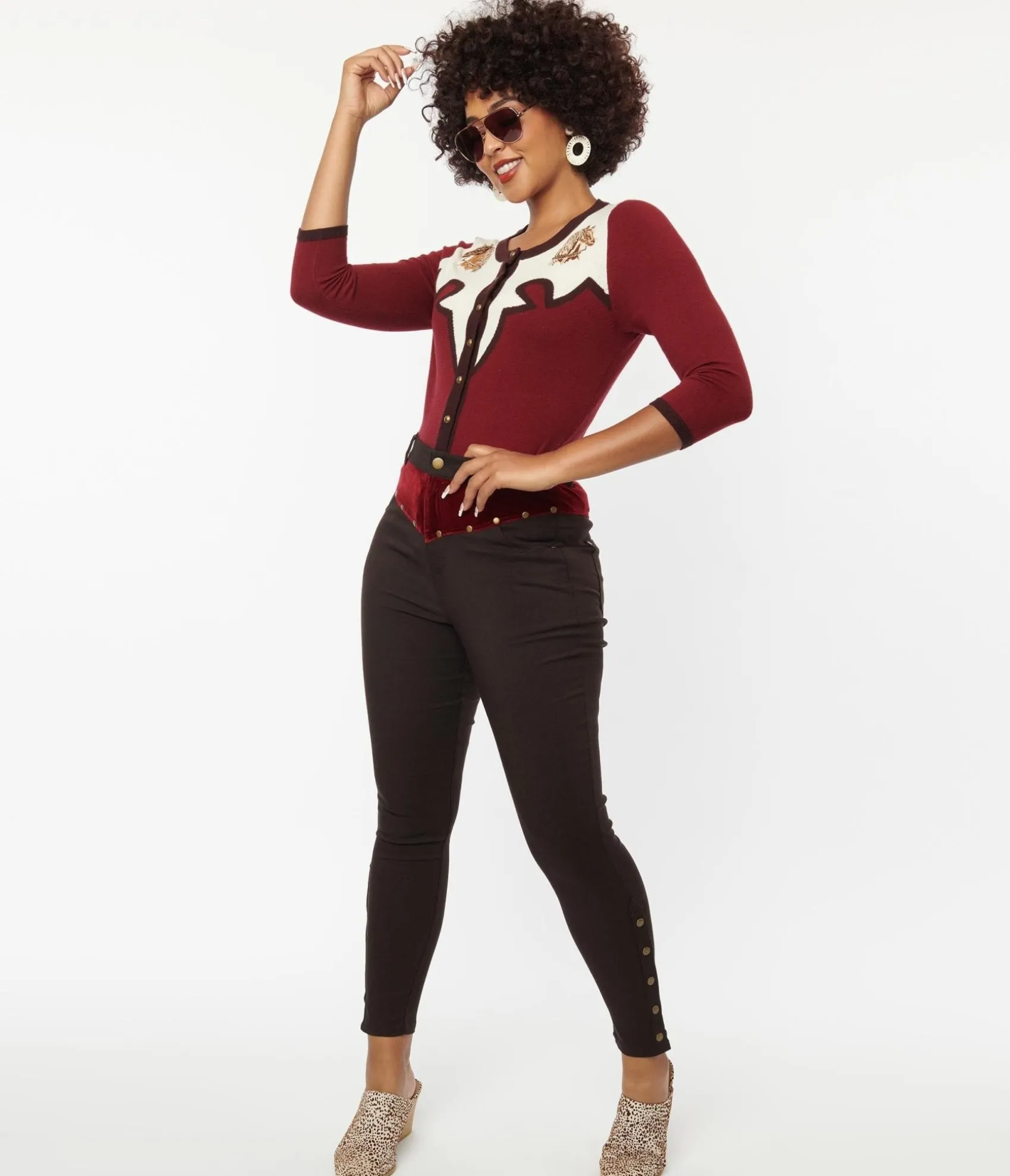 Unique Vintage Brown Denim & Red Yoke Skinny Jeans Shop