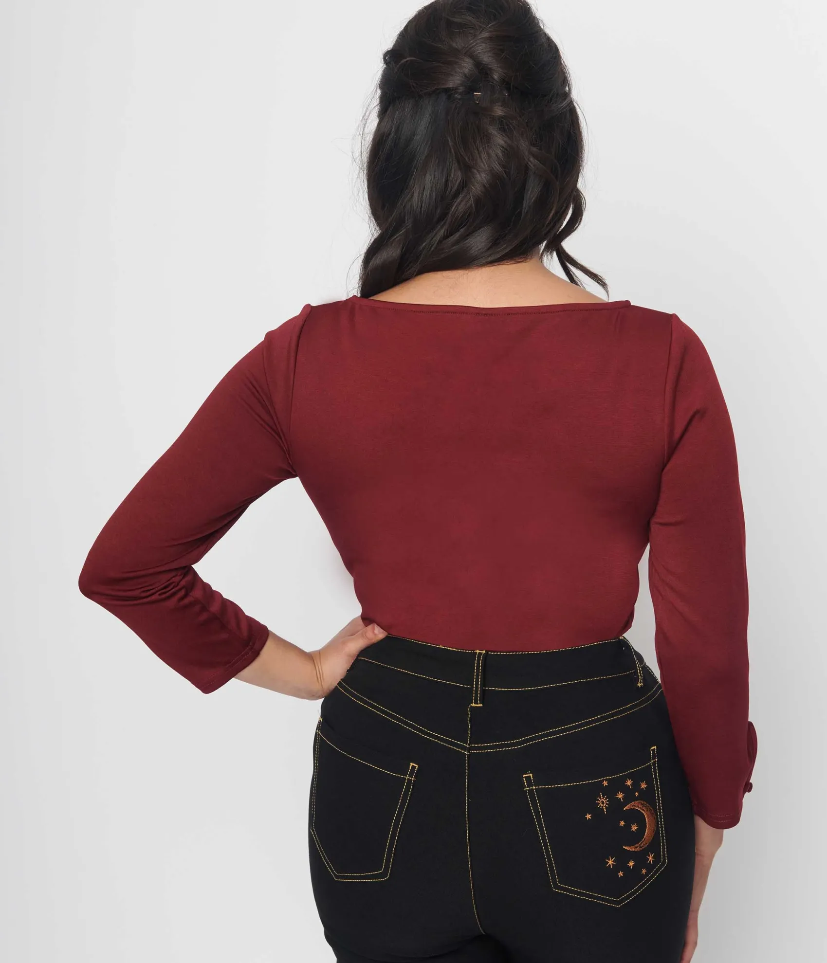 Unique Vintage Burgundy & Bat Cutout Gracie Top Flash Sale