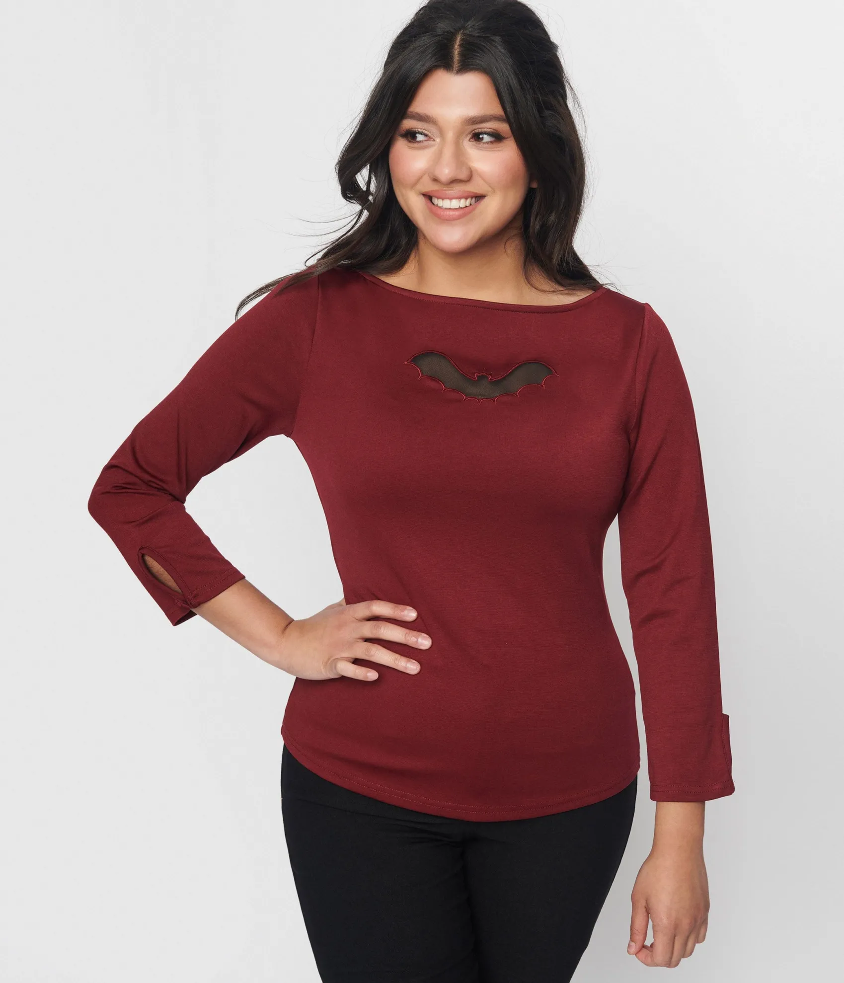 Unique Vintage Burgundy & Bat Cutout Gracie Top Flash Sale