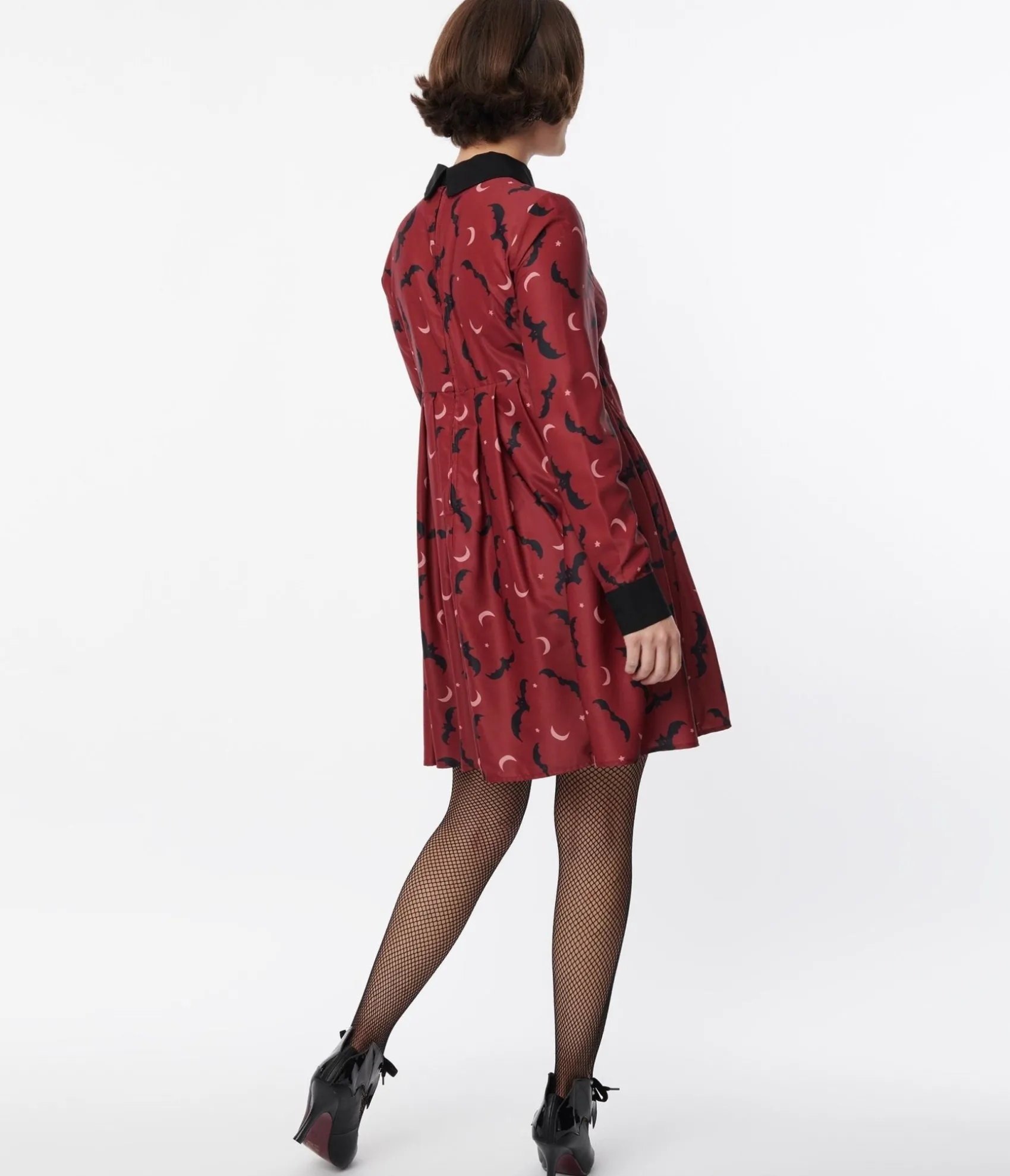 Unique Vintage Burgundy & Black Bats Baby Doll Dress Cheap