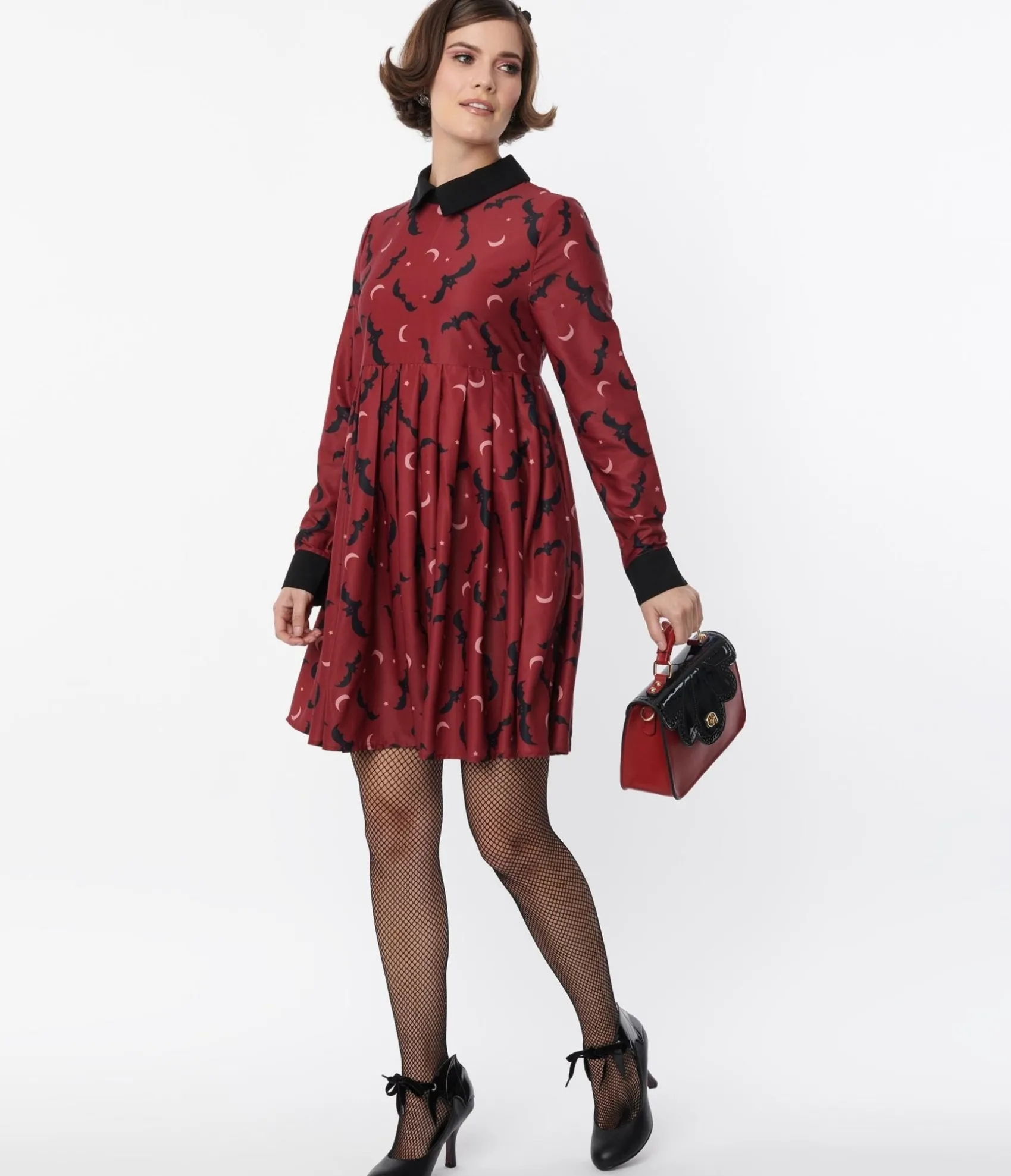 Unique Vintage Burgundy & Black Bats Baby Doll Dress Cheap
