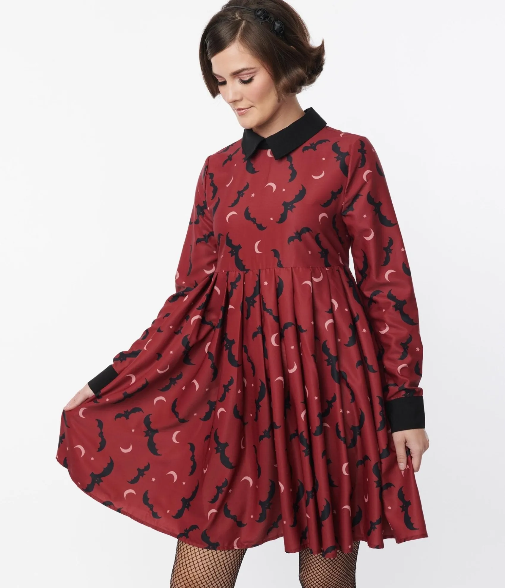 Unique Vintage Burgundy & Black Bats Baby Doll Dress Cheap