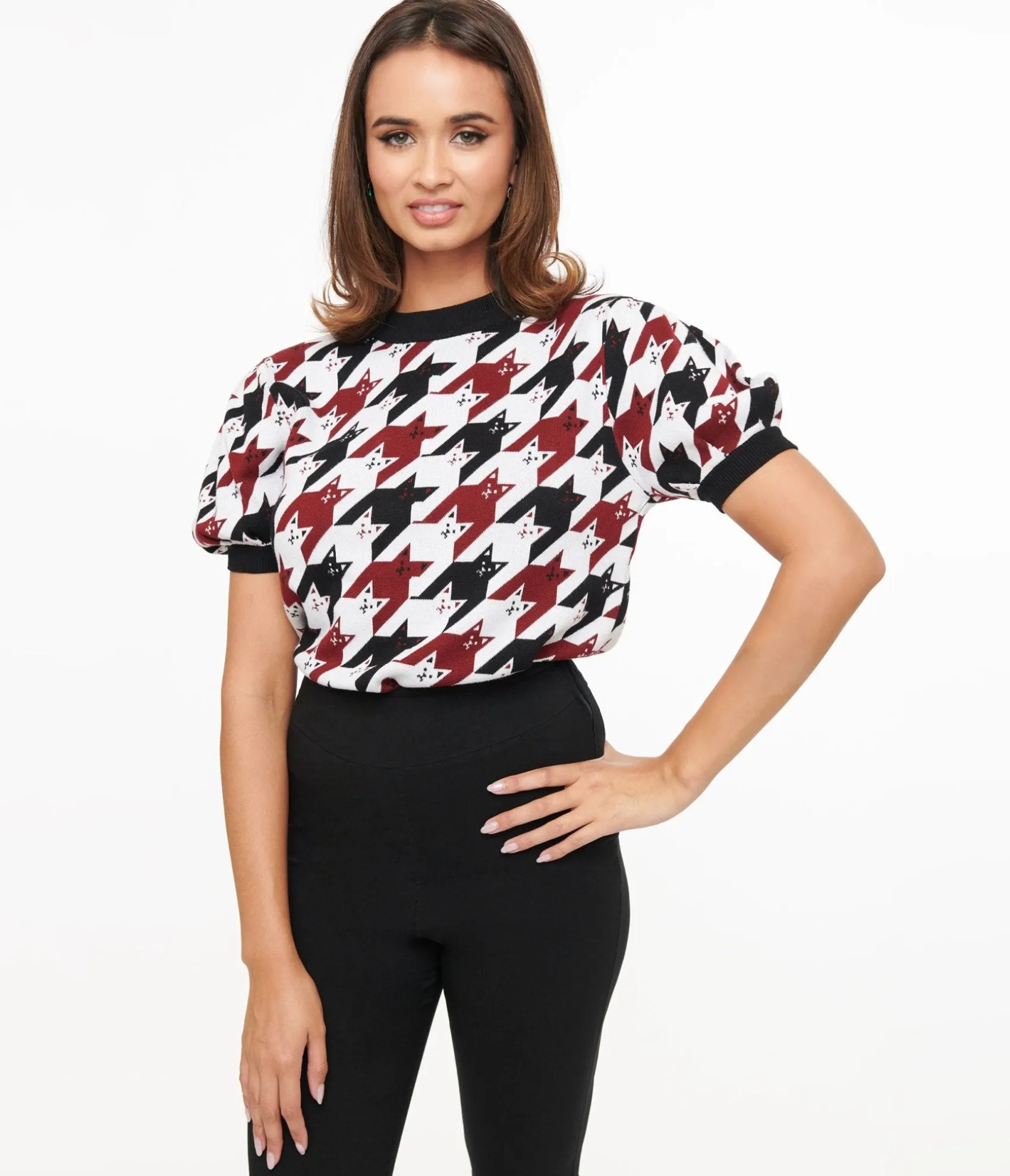 Unique Vintage Burgundy & Black Cat Houndstooth Paige Sweater Hot