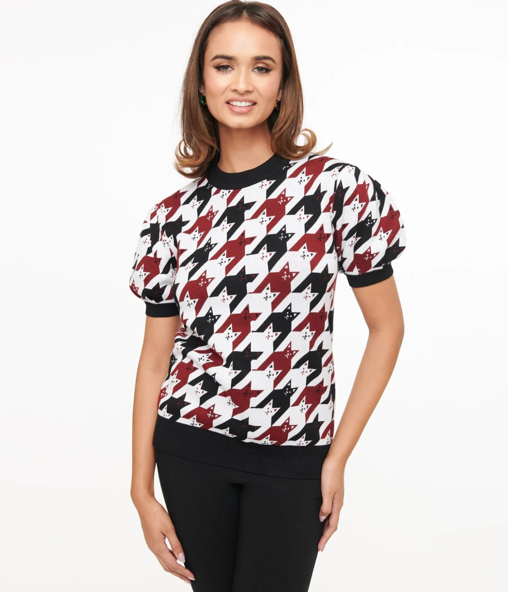 Unique Vintage Burgundy & Black Cat Houndstooth Paige Sweater Hot