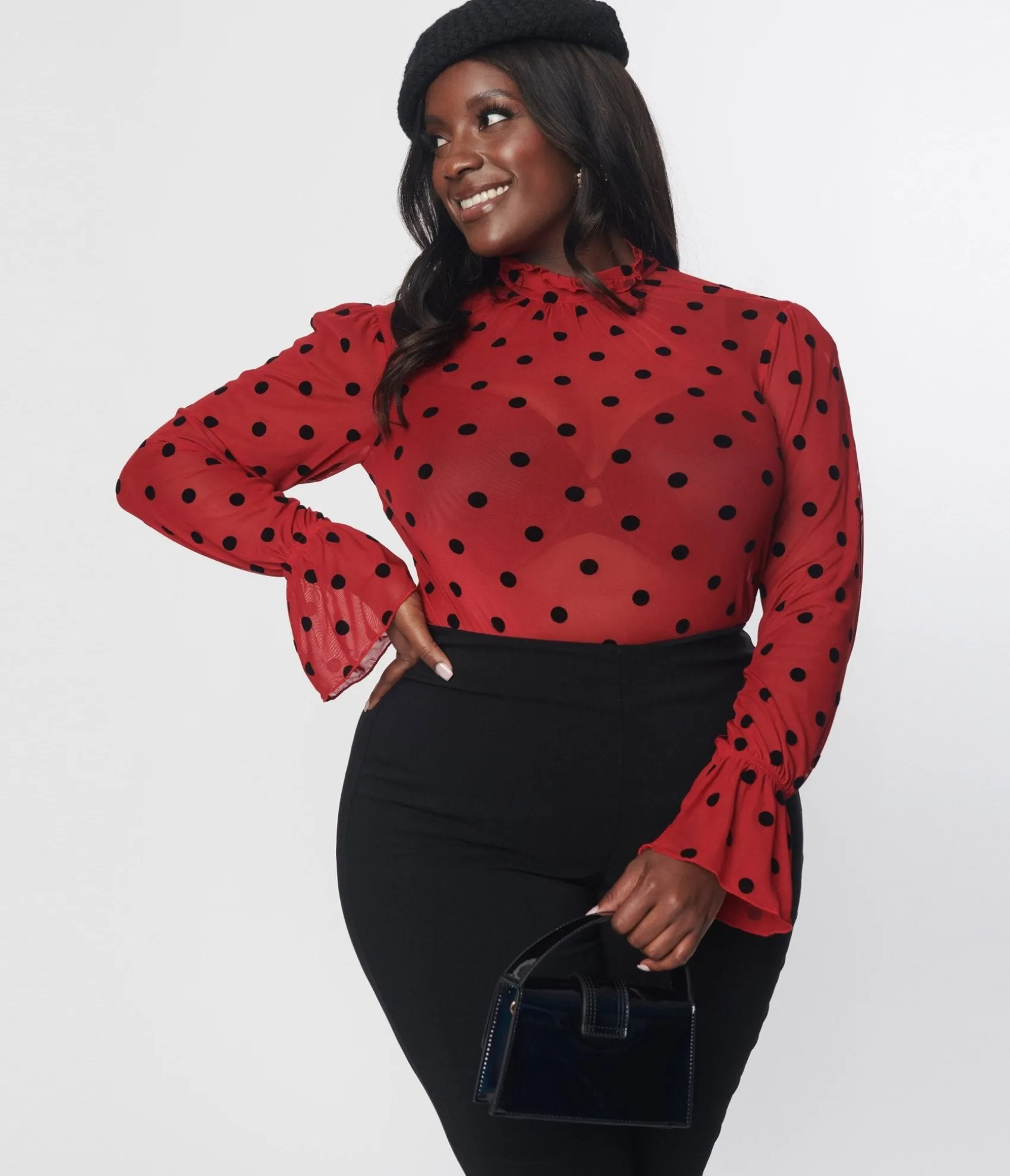 Unique Vintage Burgundy & Black Polka Dot Donna Blouse Shop