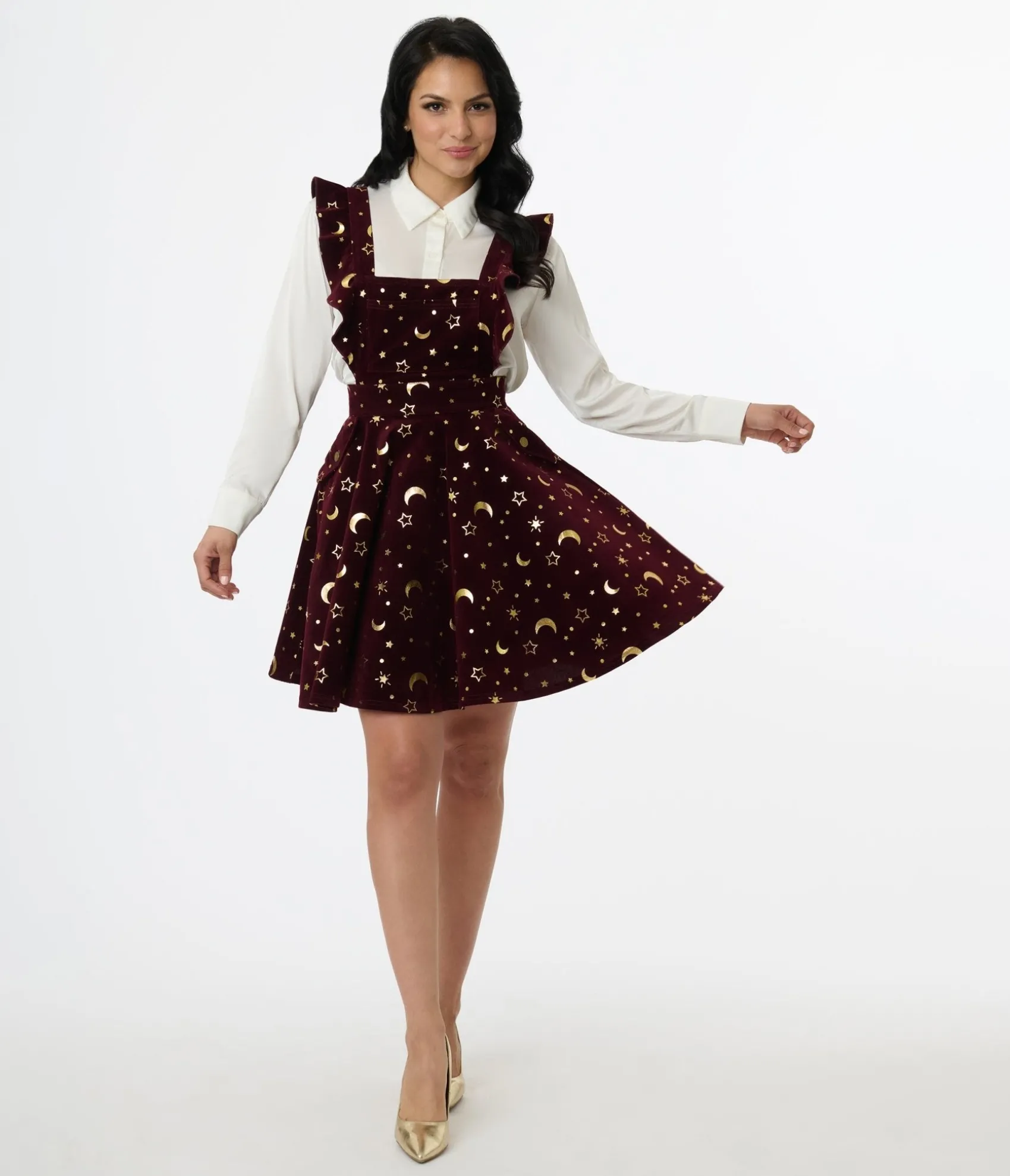 Unique Vintage Burgundy & Gold Moon & Star Corduroy Ruffle Pinafore Store