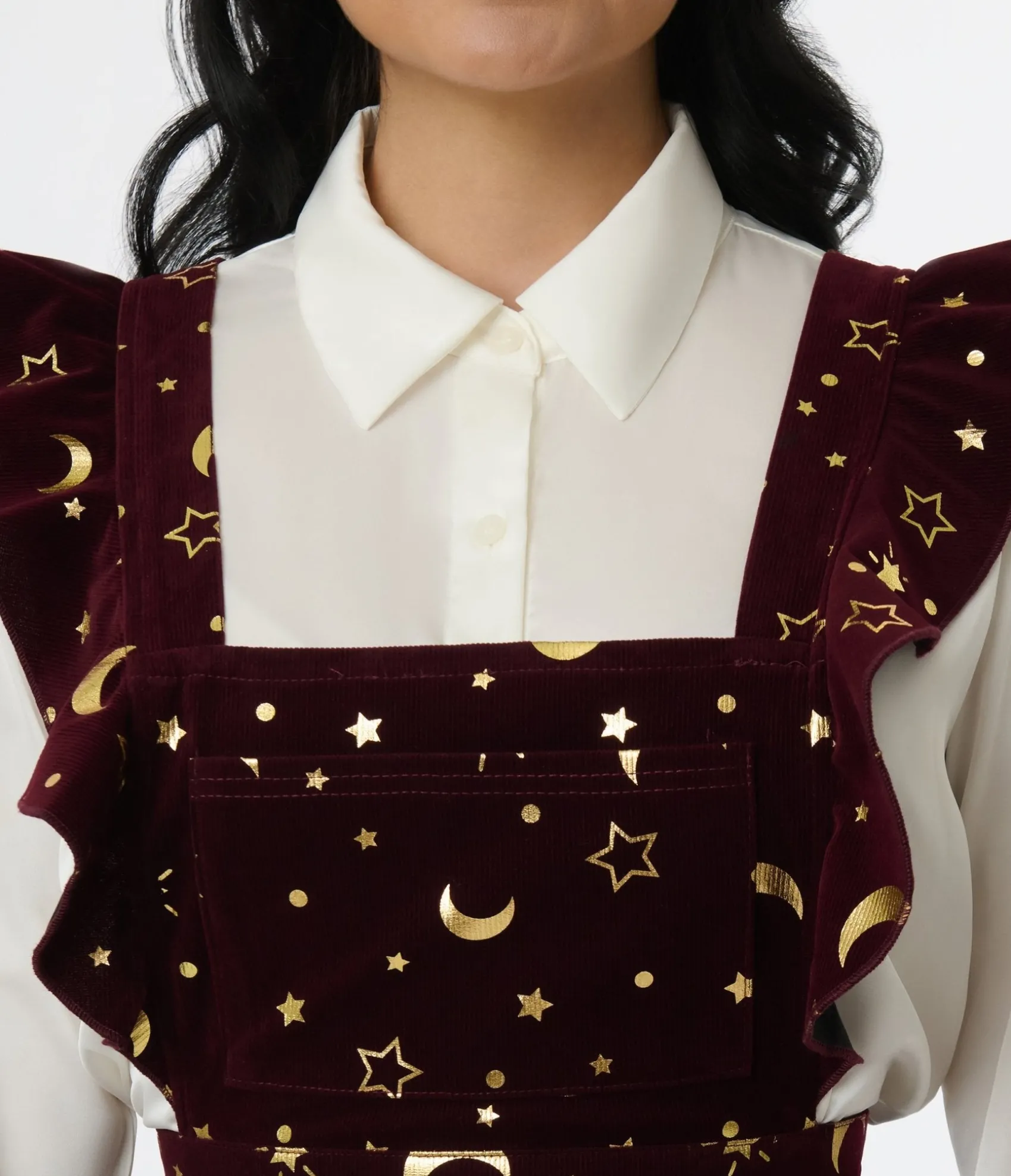 Unique Vintage Burgundy & Gold Moon & Star Corduroy Ruffle Pinafore Store