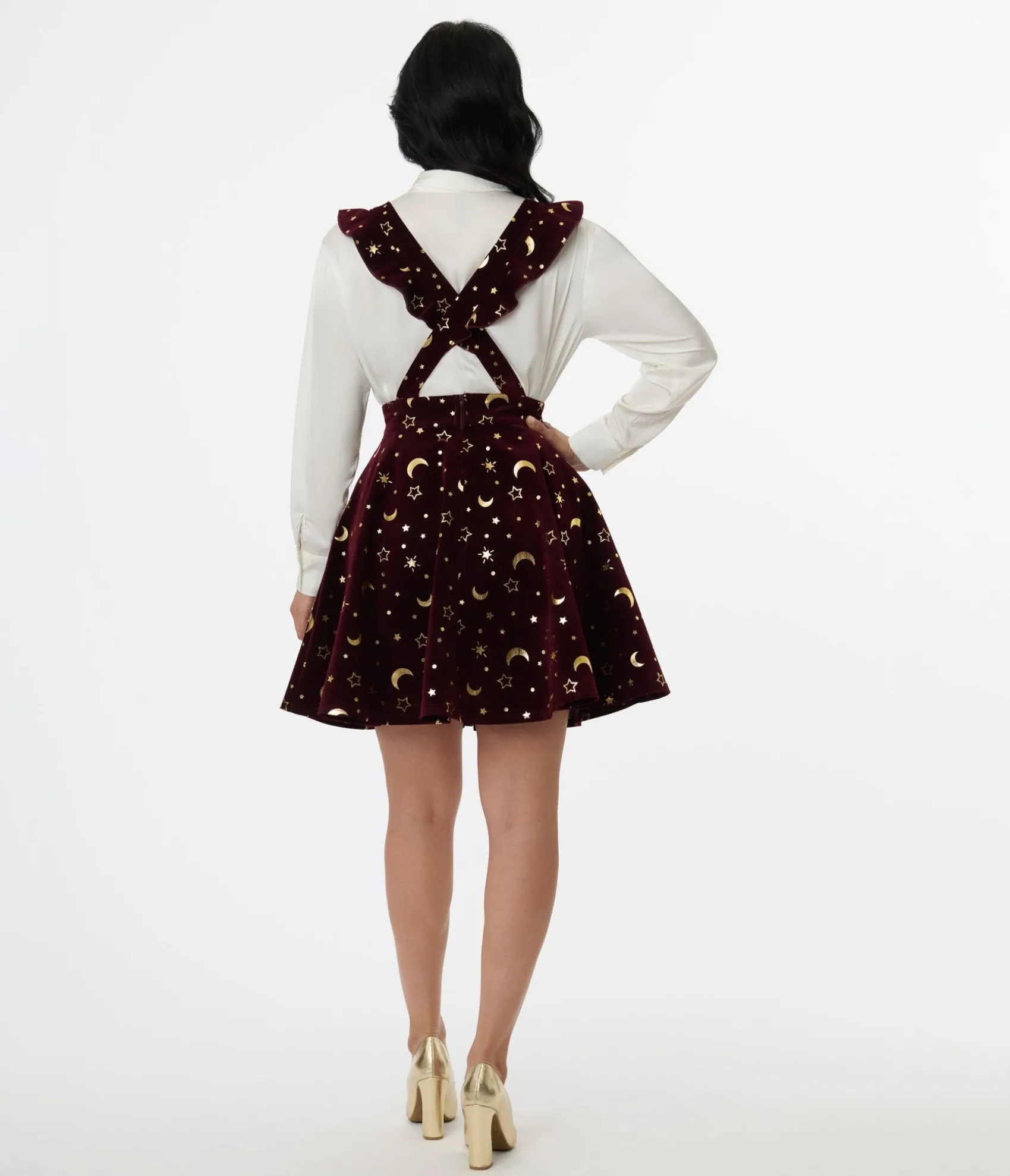 Unique Vintage Burgundy & Gold Moon & Star Corduroy Ruffle Pinafore Store