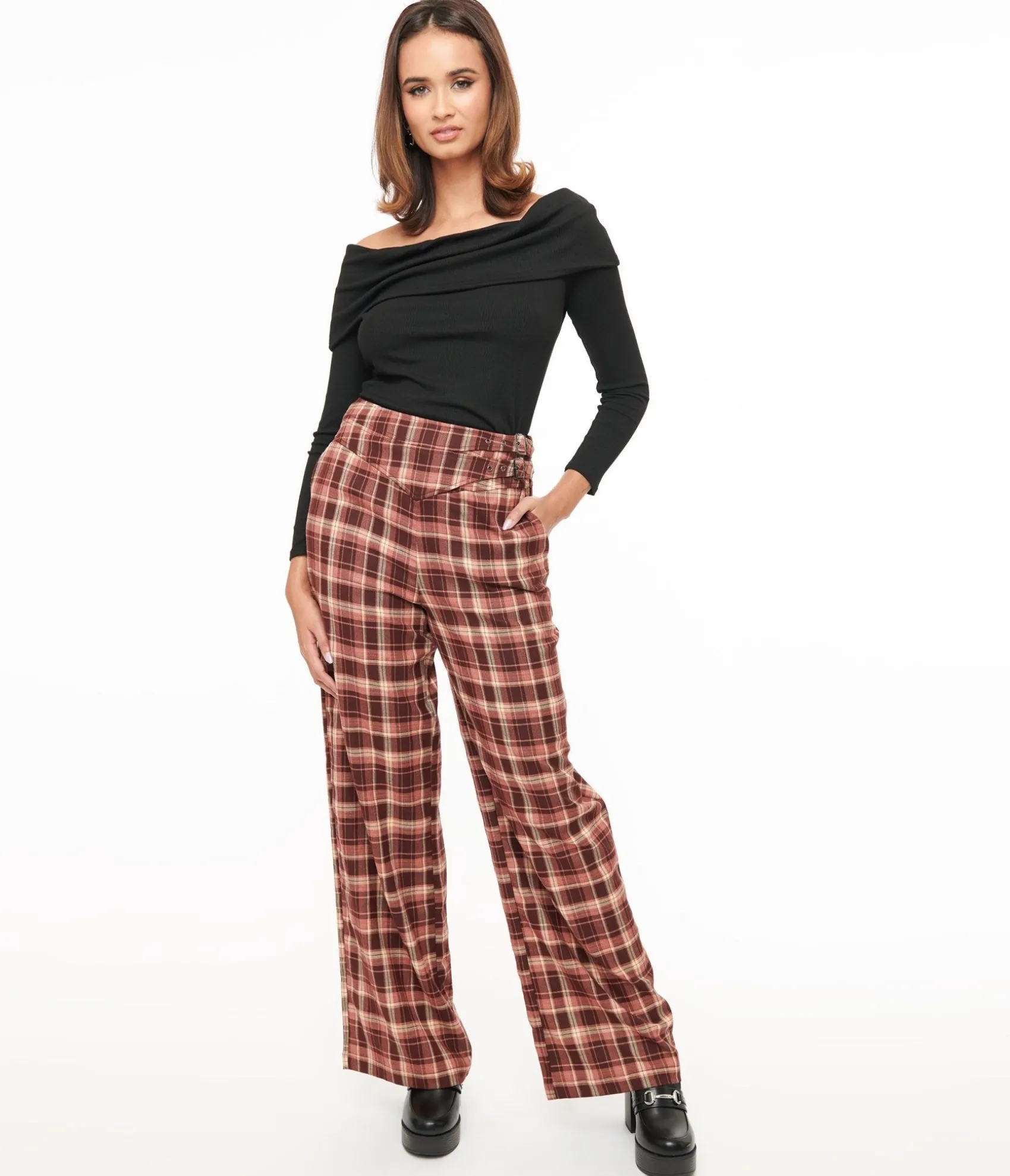 Unique Vintage Burgundy Plaid Double Belt Woven Pants Cheap
