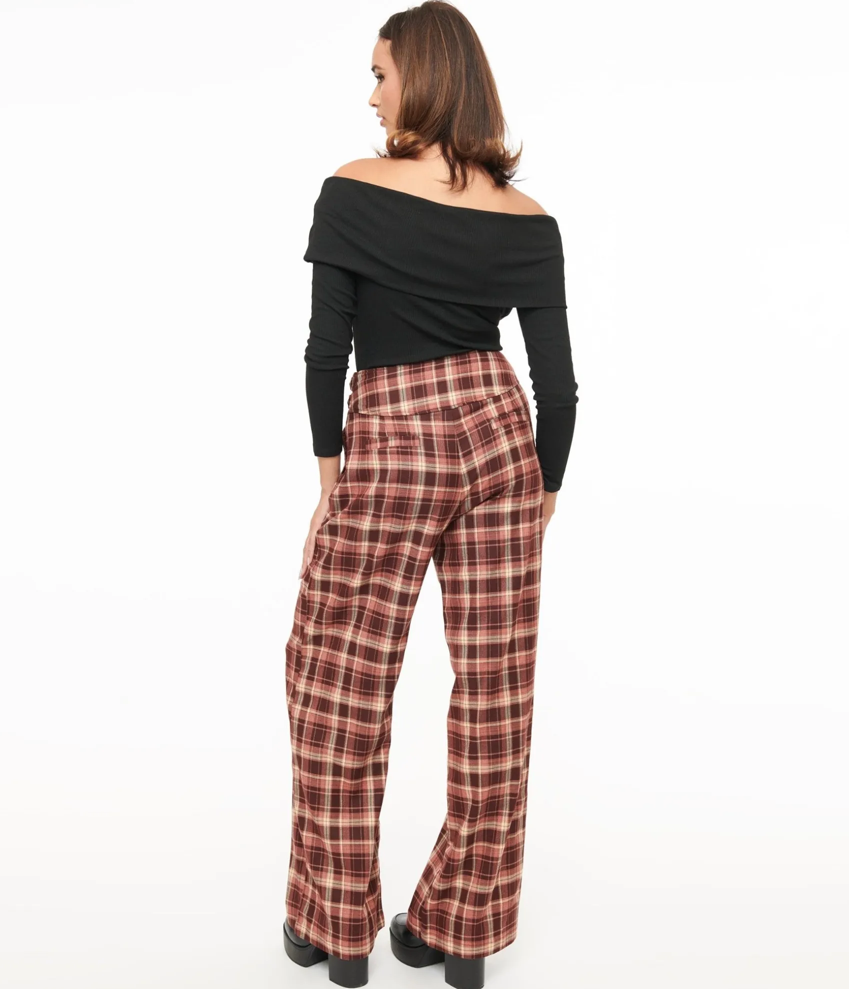 Unique Vintage Burgundy Plaid Double Belt Woven Pants Cheap