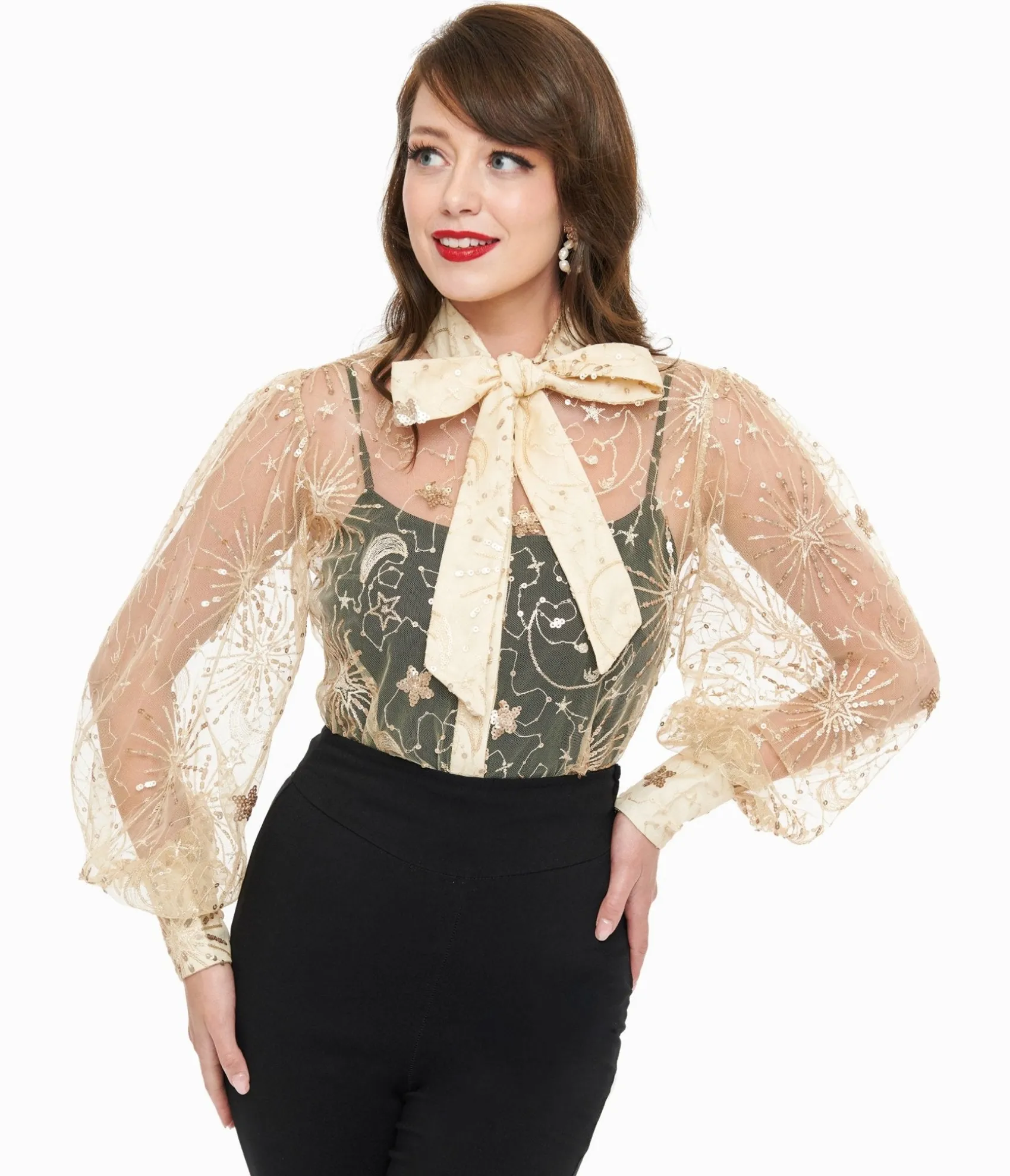 Unique Vintage Champagne Celestial Sequin Sheer Gwen Blouse Cheap