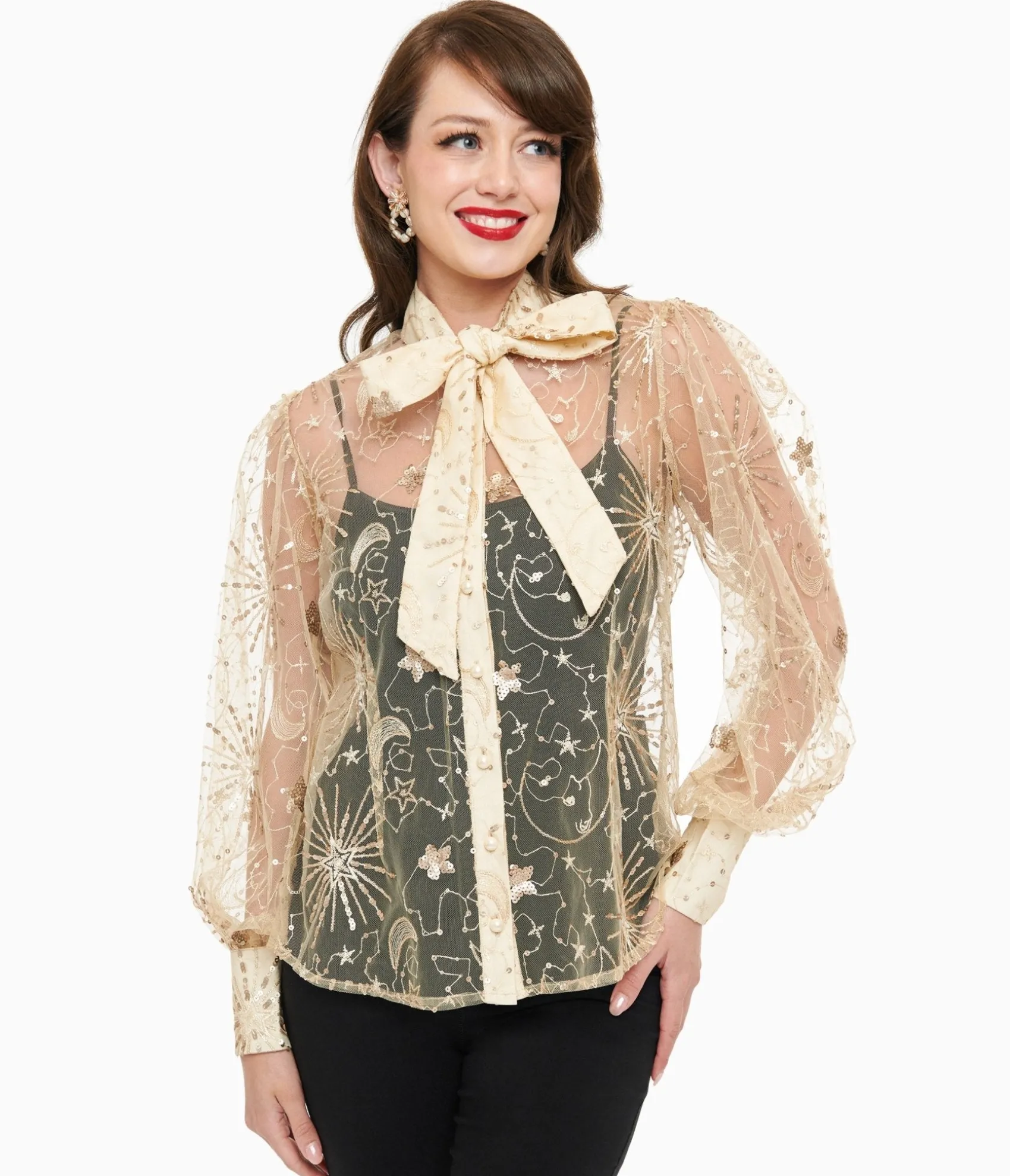 Unique Vintage Champagne Celestial Sequin Sheer Gwen Blouse Cheap
