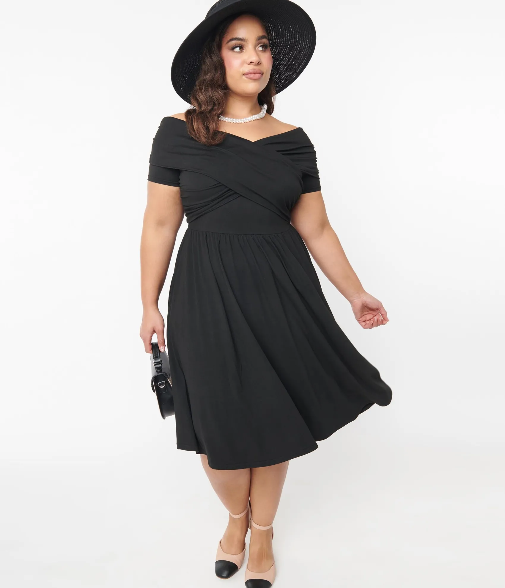 Unique Vintage Curve Black Shirred Swing Dress Online