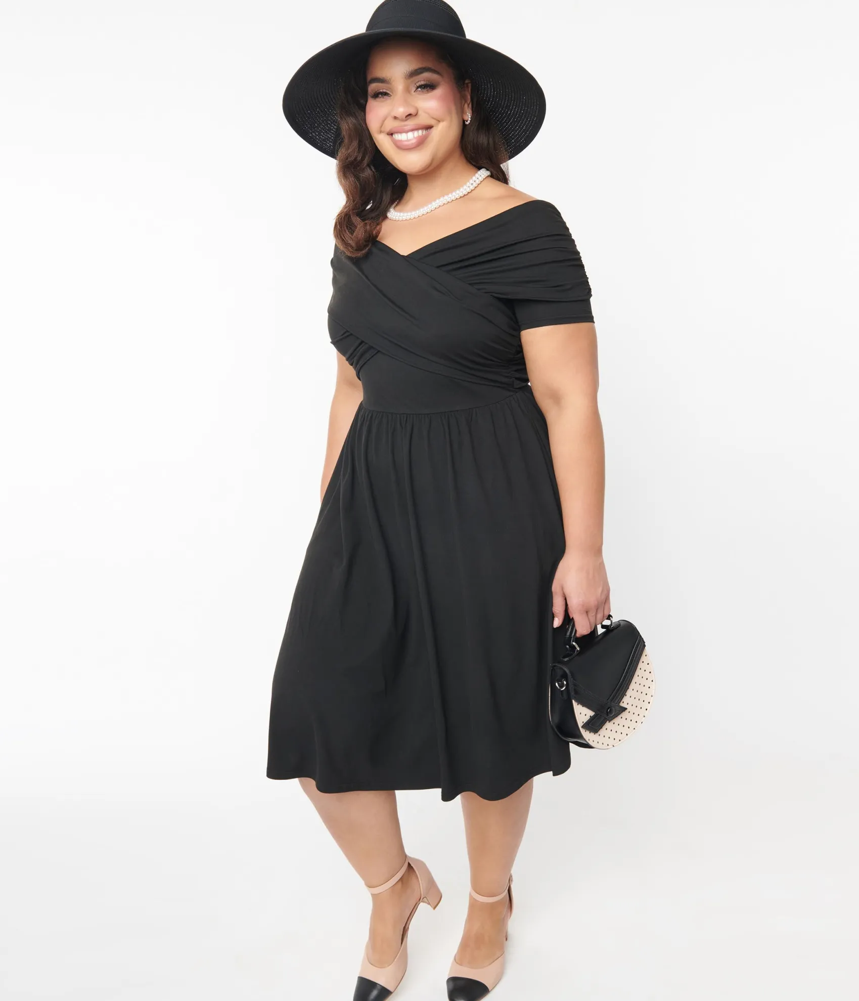 Unique Vintage Curve Black Shirred Swing Dress Online