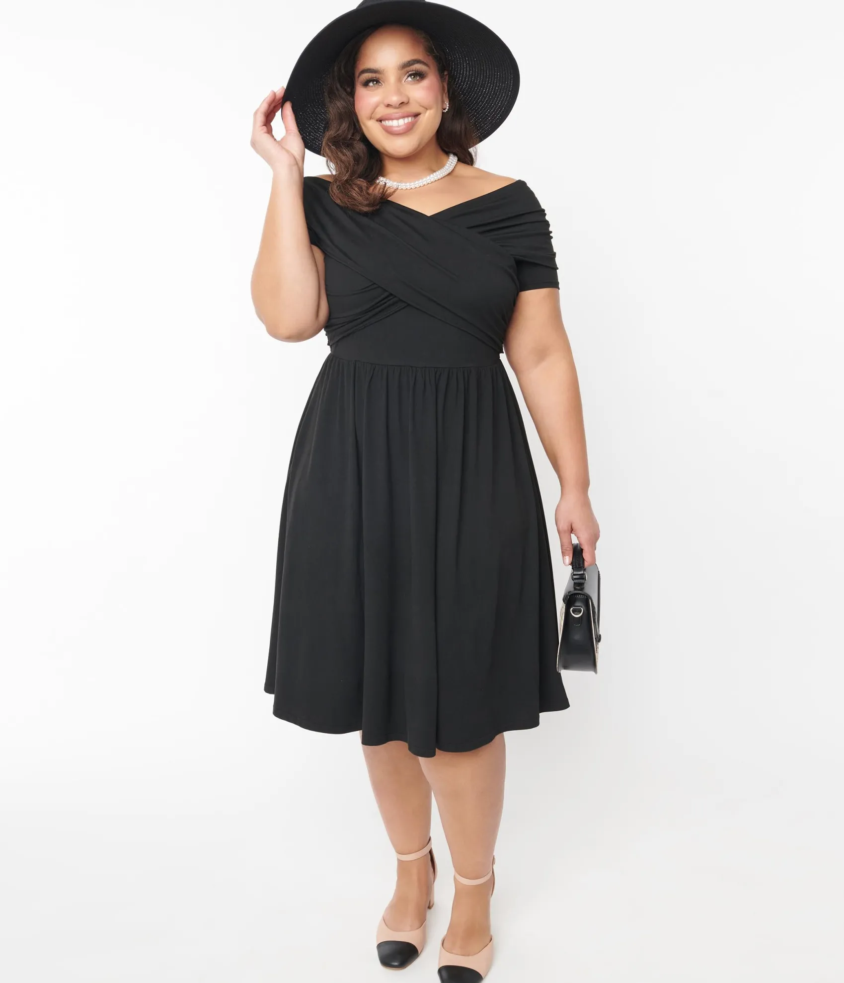 Unique Vintage Curve Black Shirred Swing Dress Online