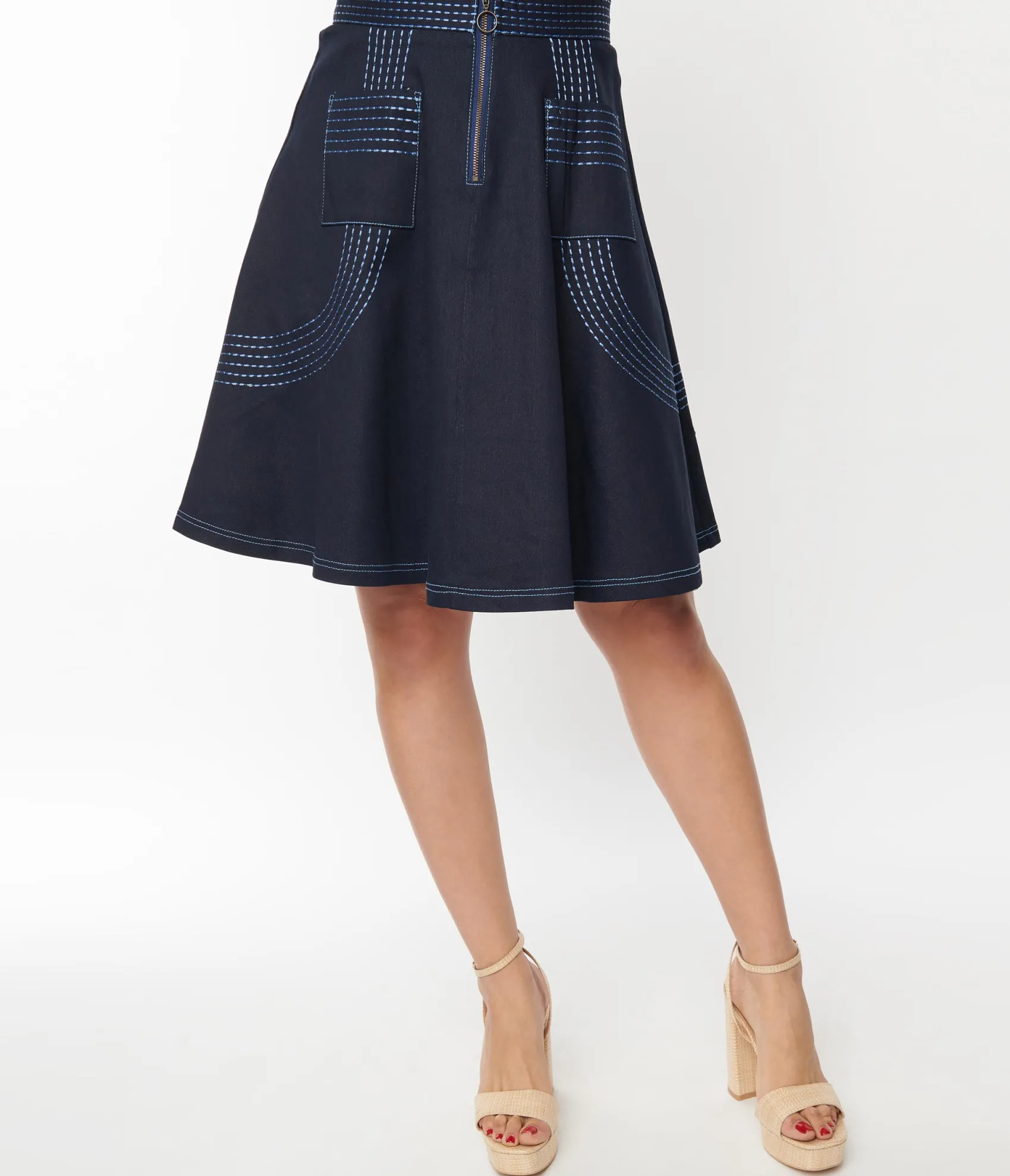 Unique Vintage Denim Blue Patch Pocket Swing Skirt Cheap