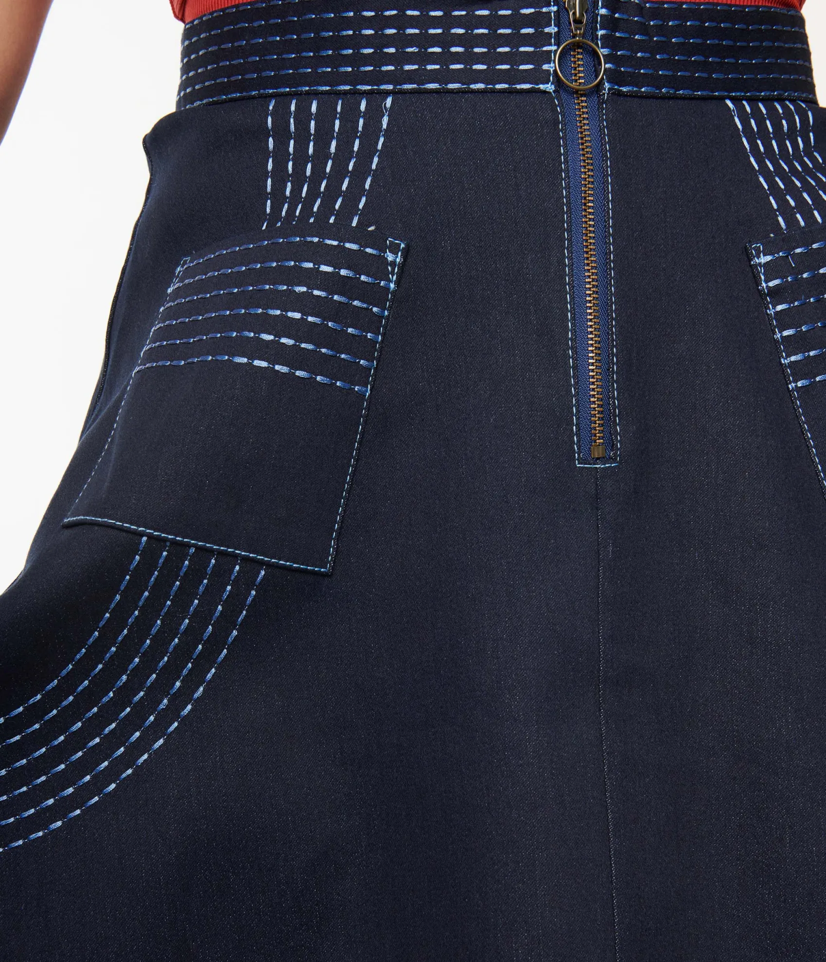 Unique Vintage Denim Blue Patch Pocket Swing Skirt Cheap