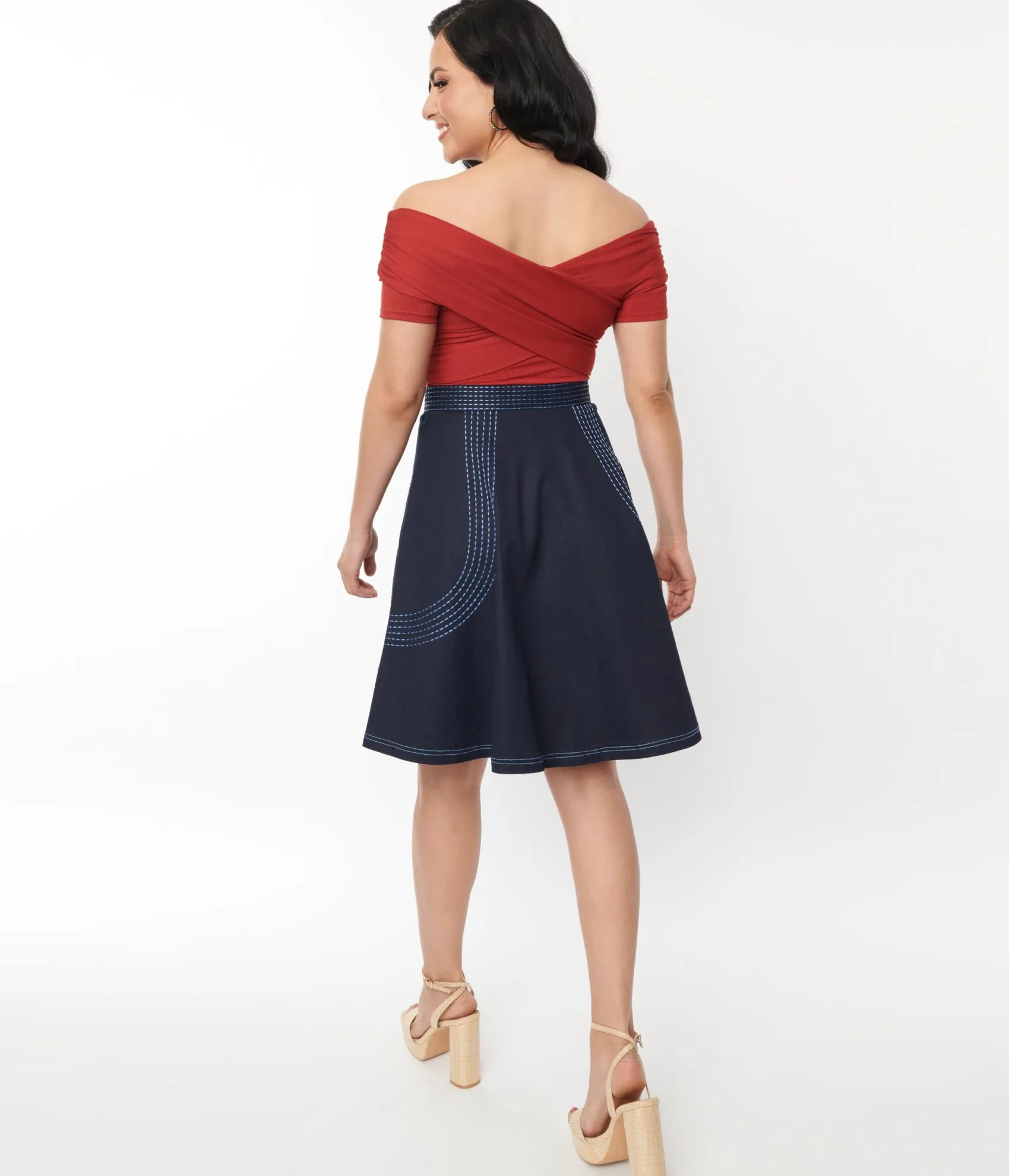 Unique Vintage Denim Blue Patch Pocket Swing Skirt Cheap