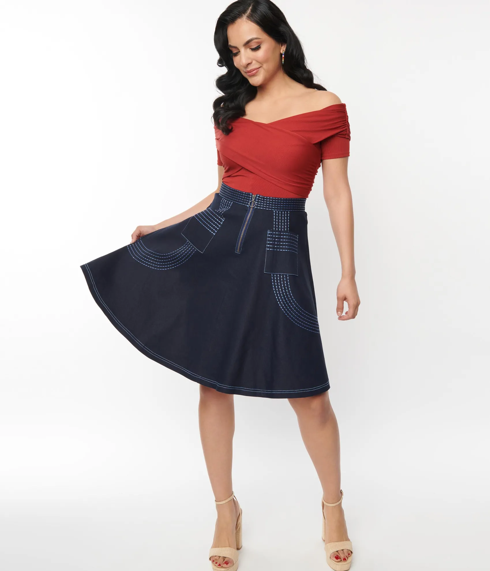 Unique Vintage Denim Blue Patch Pocket Swing Skirt Cheap