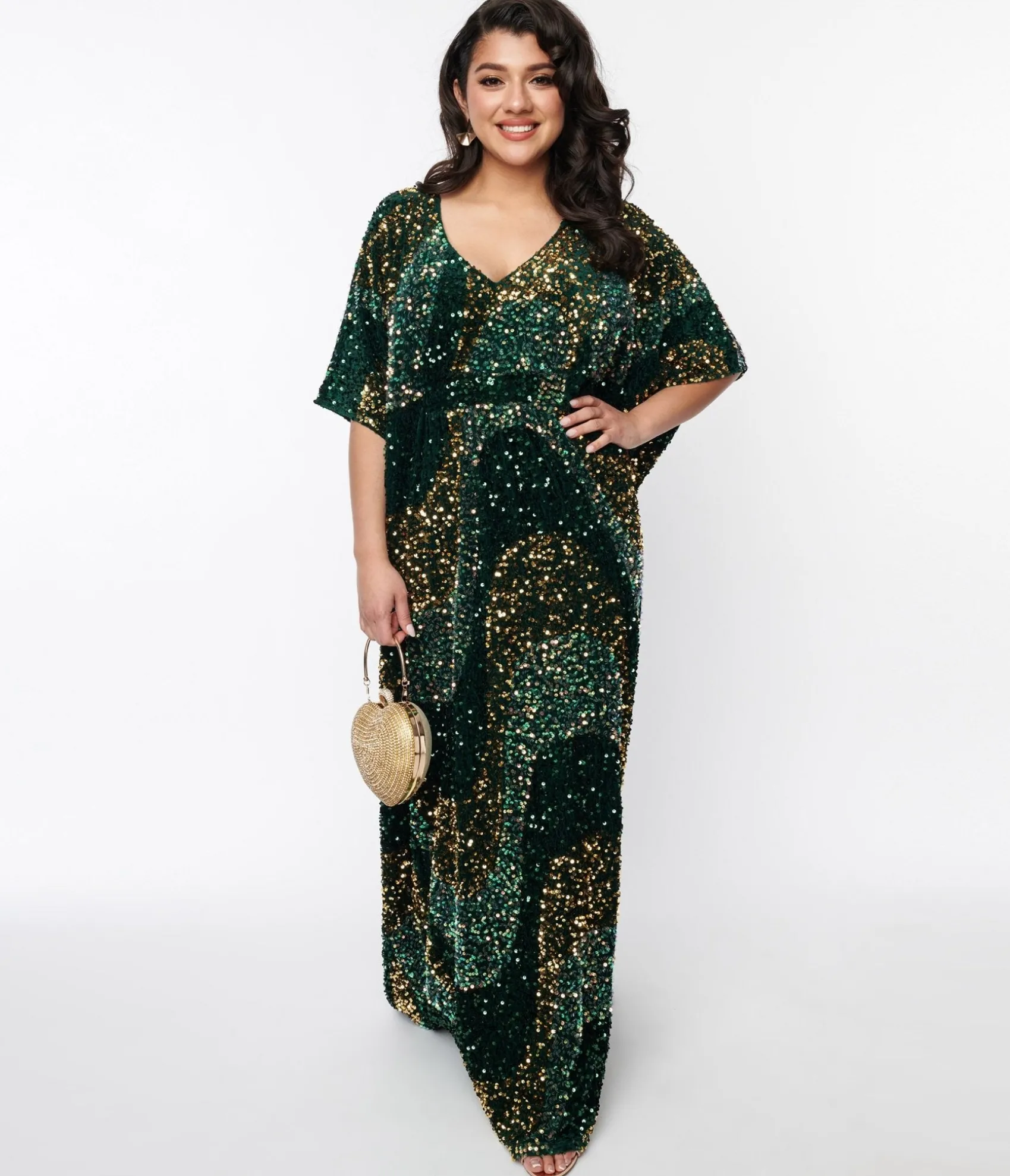Unique Vintage Emerald & Gold Sequin Burton Caftan Dress Hot