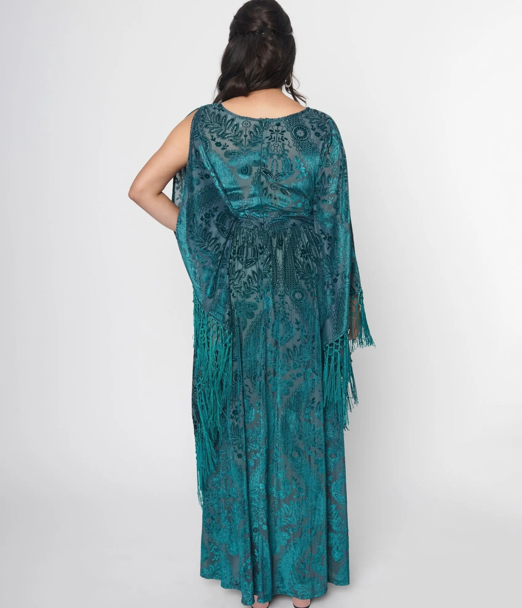 Unique Vintage Emerald Floral Fringe Flutter Sleeve Caftan Best Sale