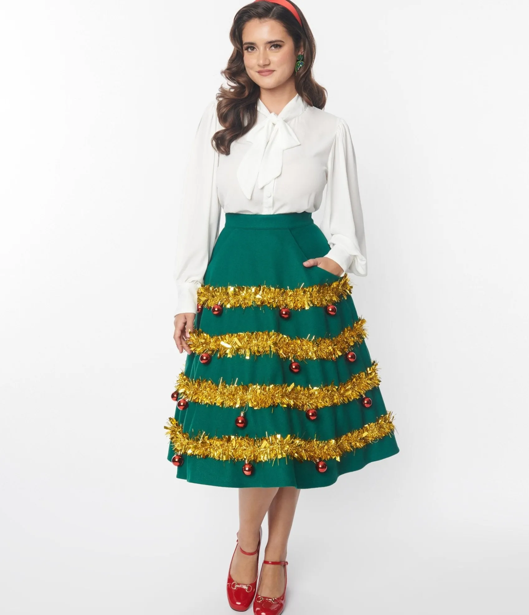 Unique Vintage Green & Gold Tinsel & Ornament Soda Shop Swing Skirt Store