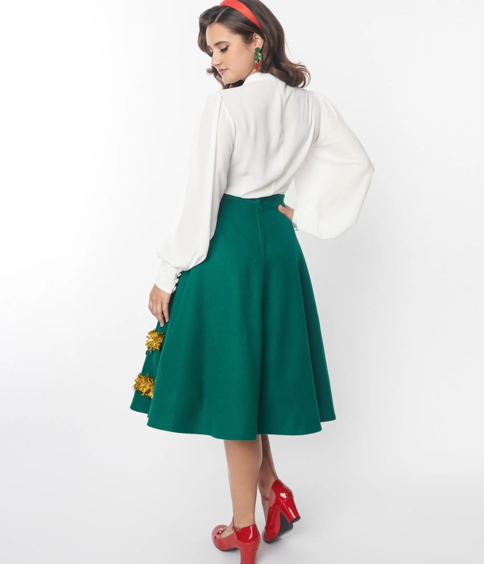 Unique Vintage Green & Gold Tinsel & Ornament Soda Shop Swing Skirt Store