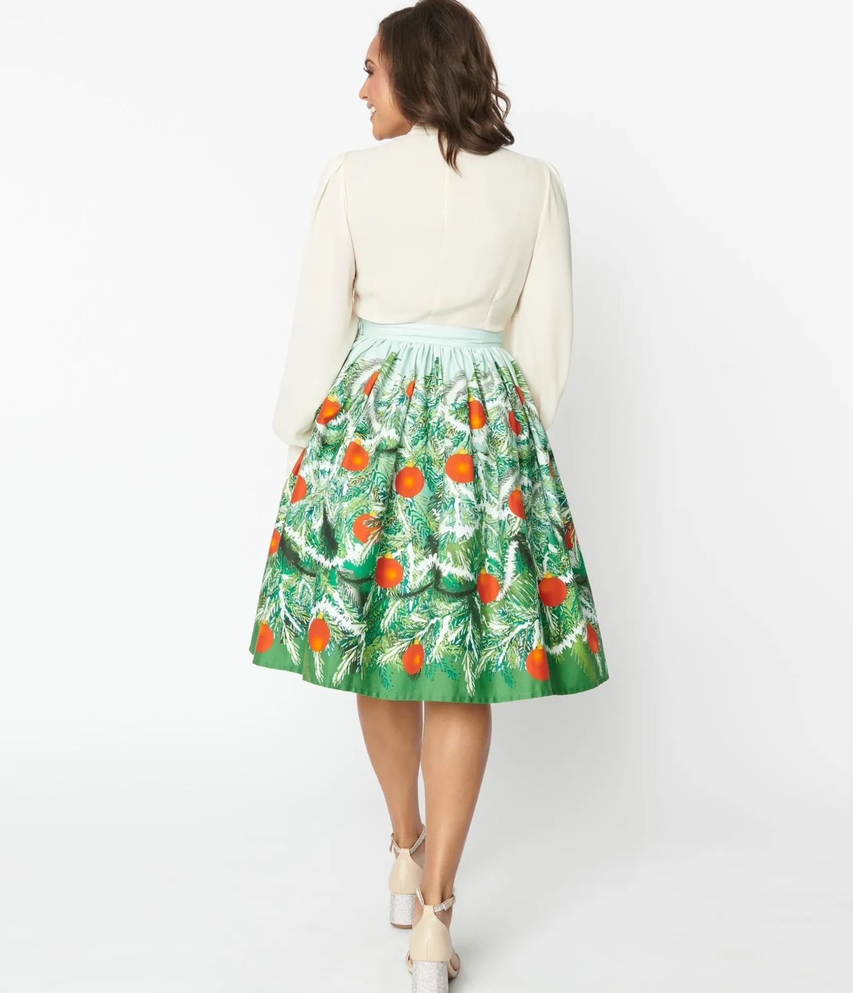 Unique Vintage Green Evergreen & Red Ornaments Swing Skirt Discount