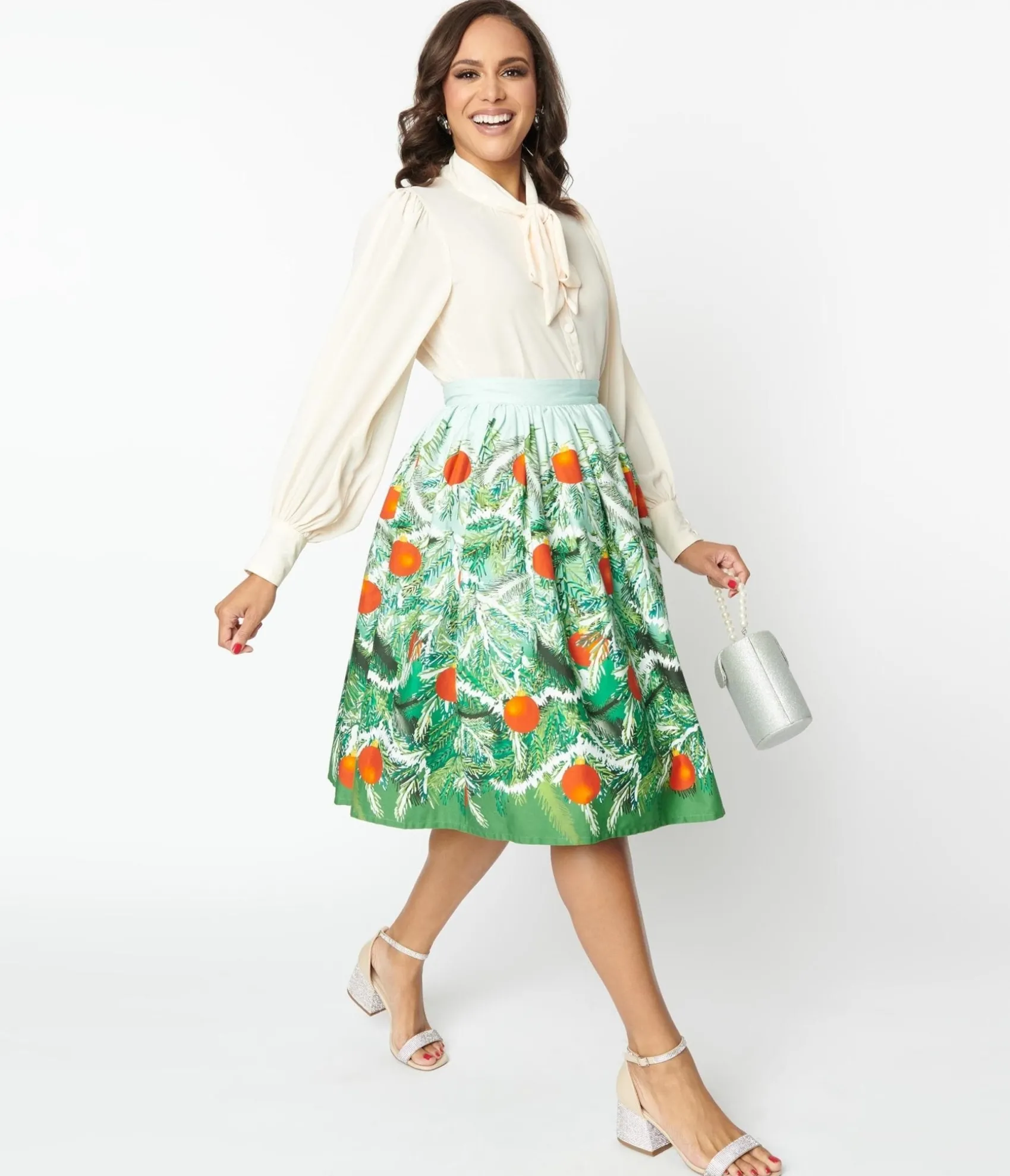 Unique Vintage Green Evergreen & Red Ornaments Swing Skirt Discount