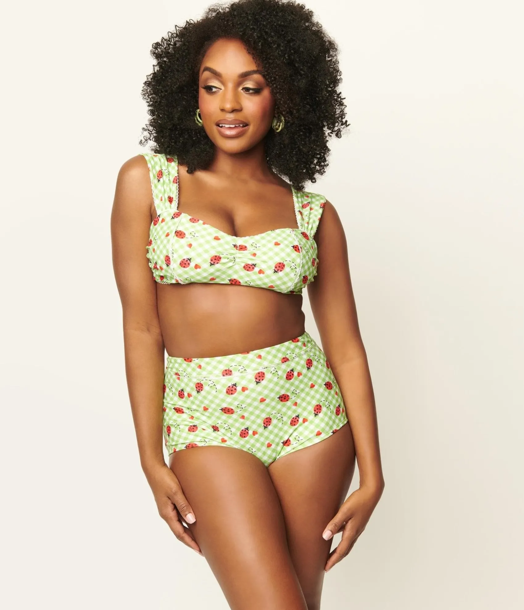 Unique Vintage Green Gingham & Ladybug Print Ruched & Ready Swim Top Hot
