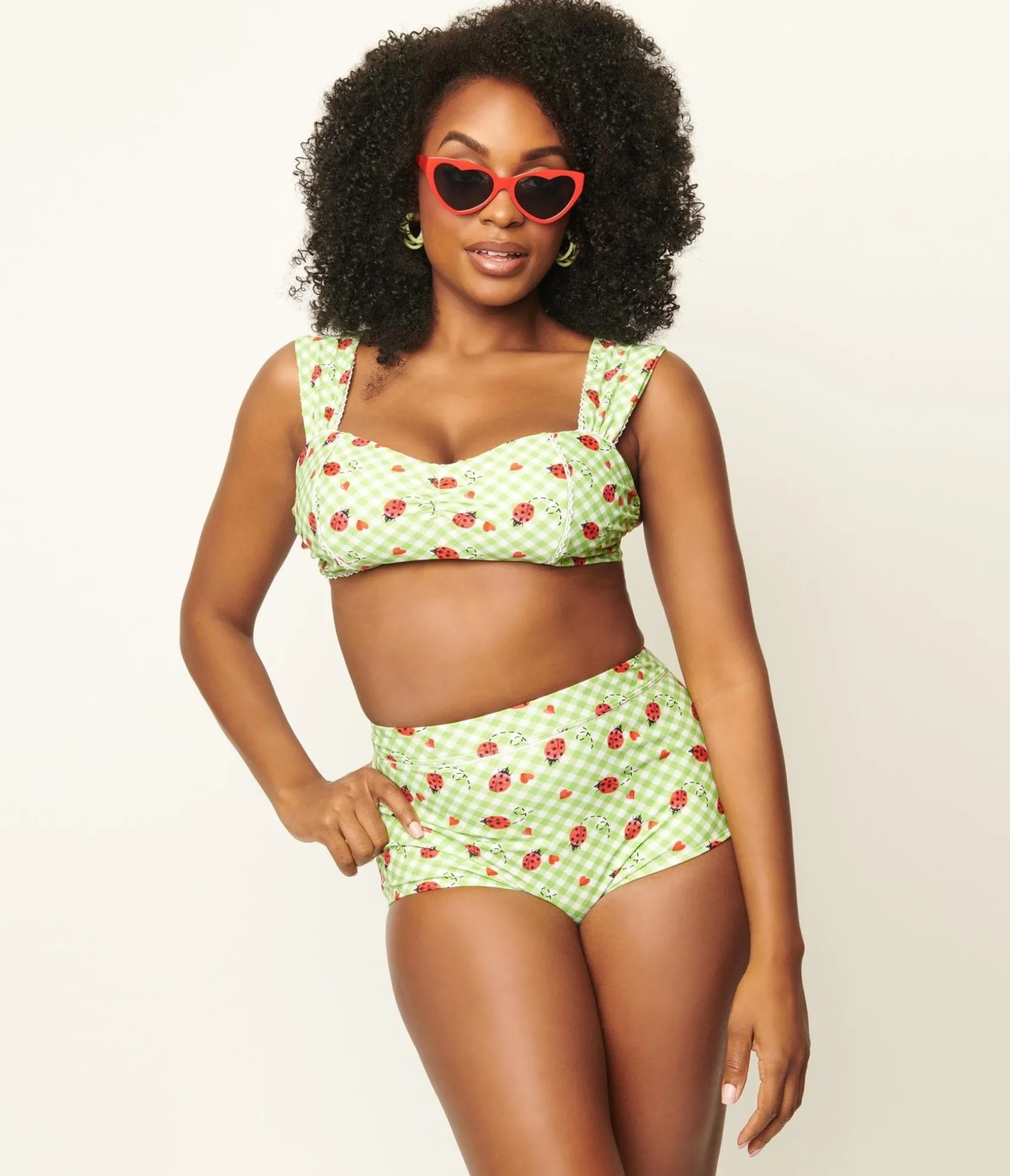 Unique Vintage Green Gingham & Ladybug Print Ruched & Ready Swim Top Hot