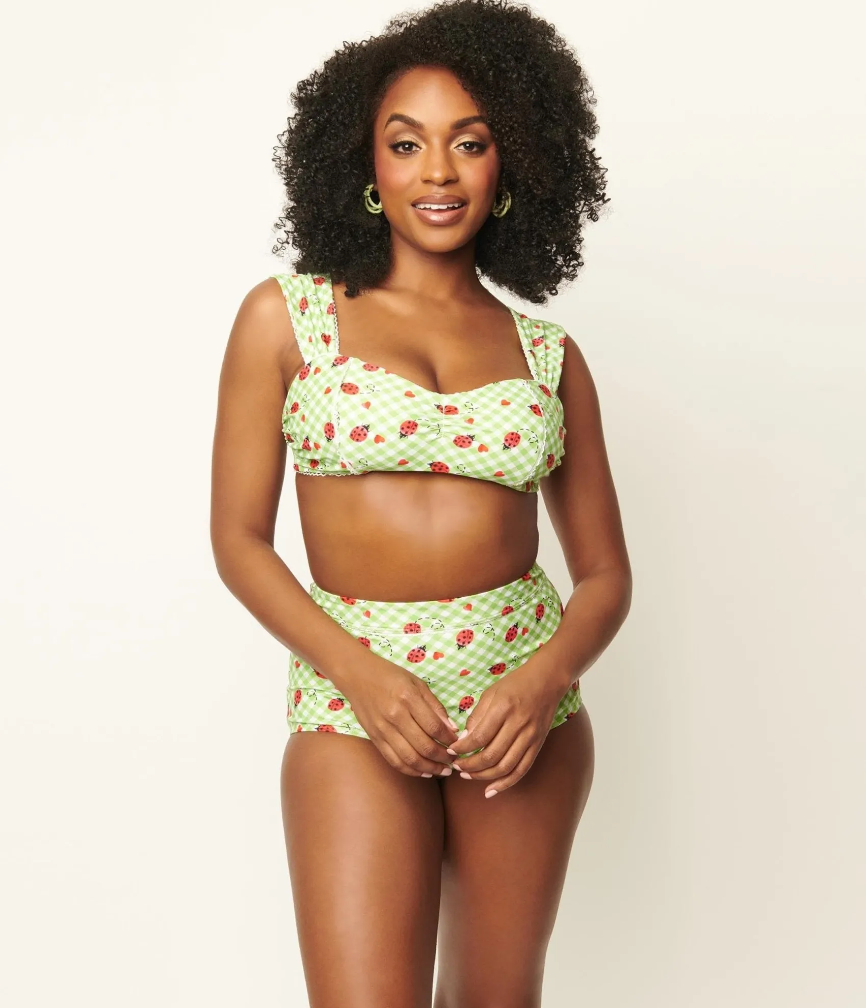 Unique Vintage Green Gingham & Ladybug Print Ruched & Ready Swim Top Hot