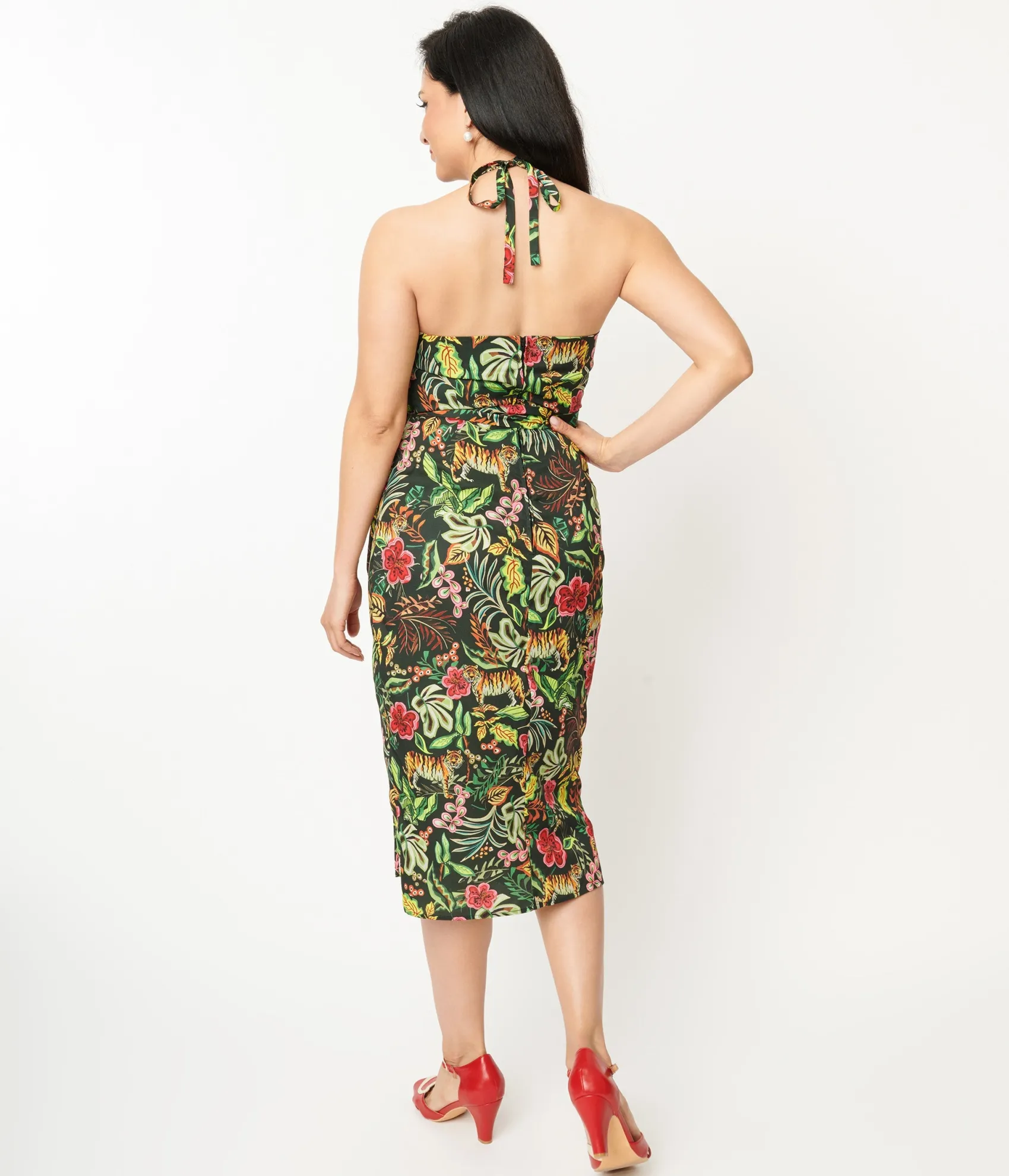 Unique Vintage Green Jungle Cat Print Leilani Sarong Dress Sale