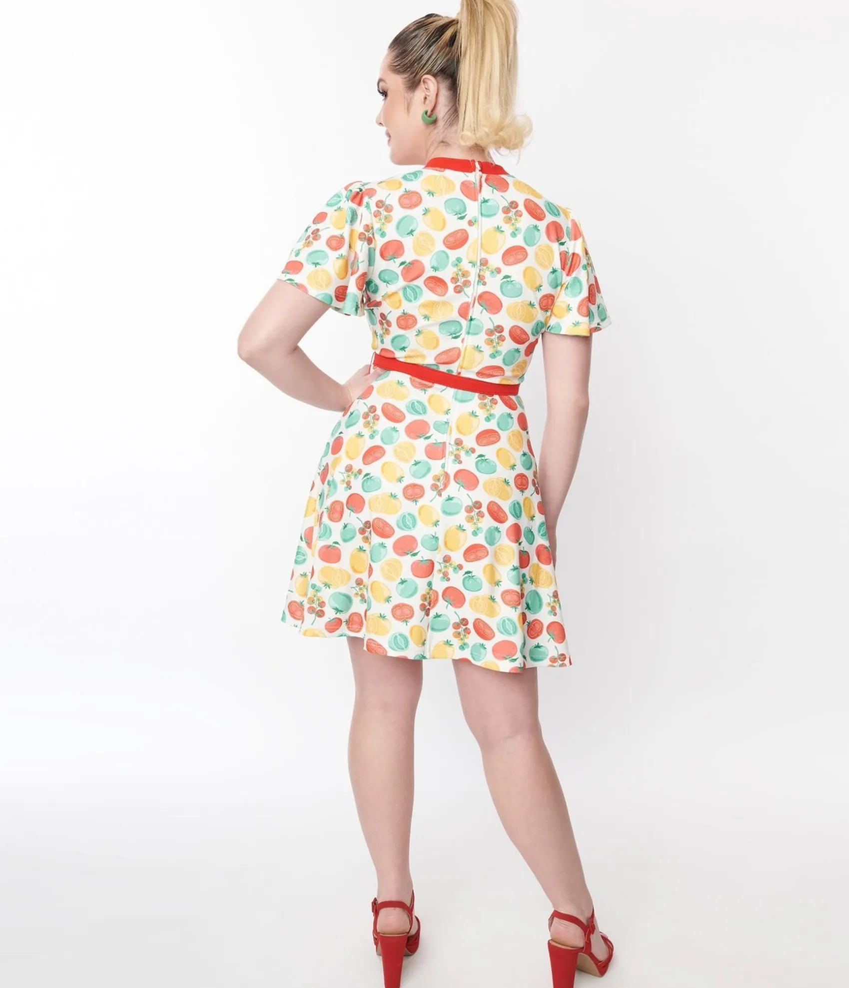 Unique Vintage Ivory & Red Tomato Print Flare Dress Clearance