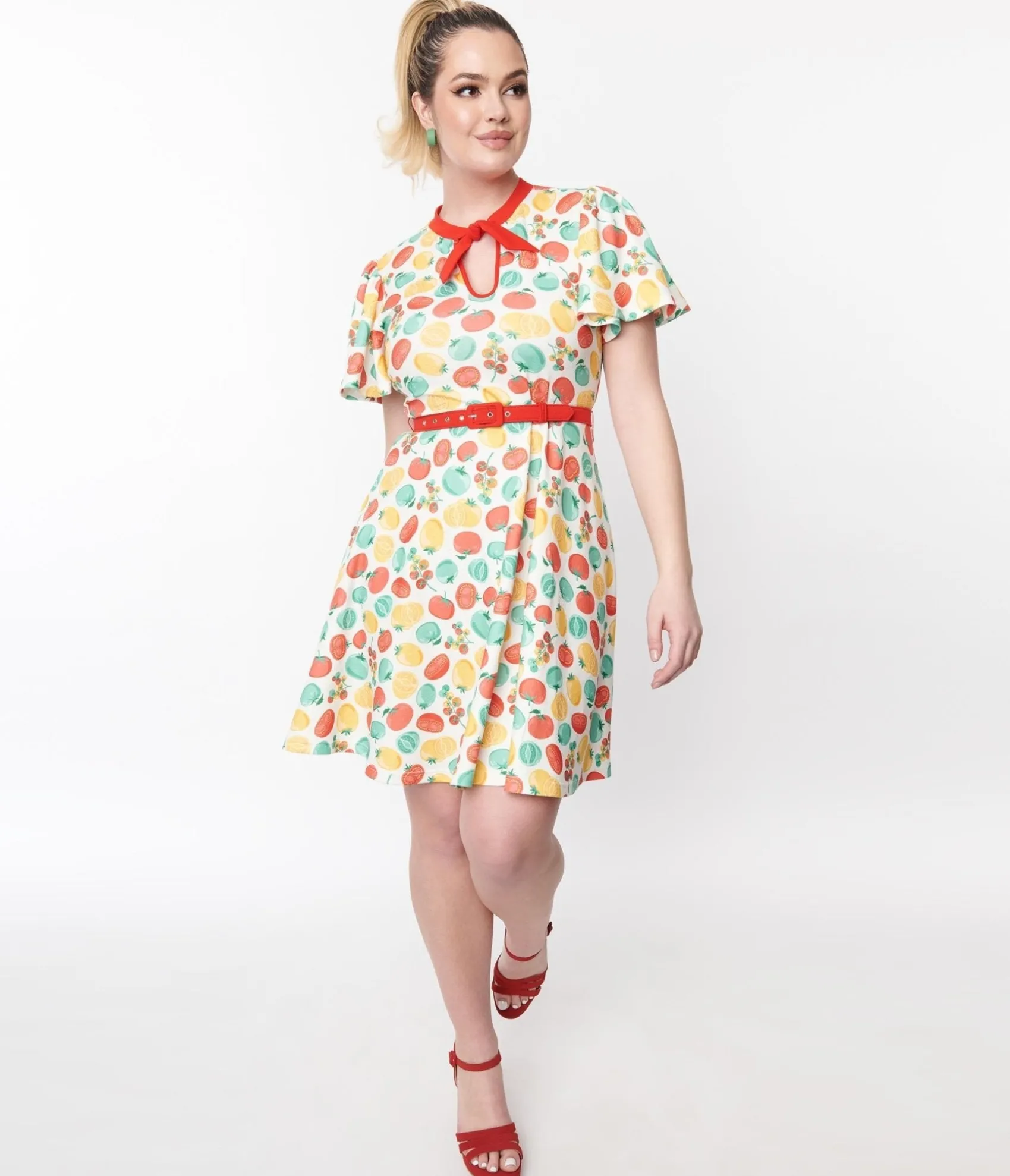 Unique Vintage Ivory & Red Tomato Print Flare Dress Clearance