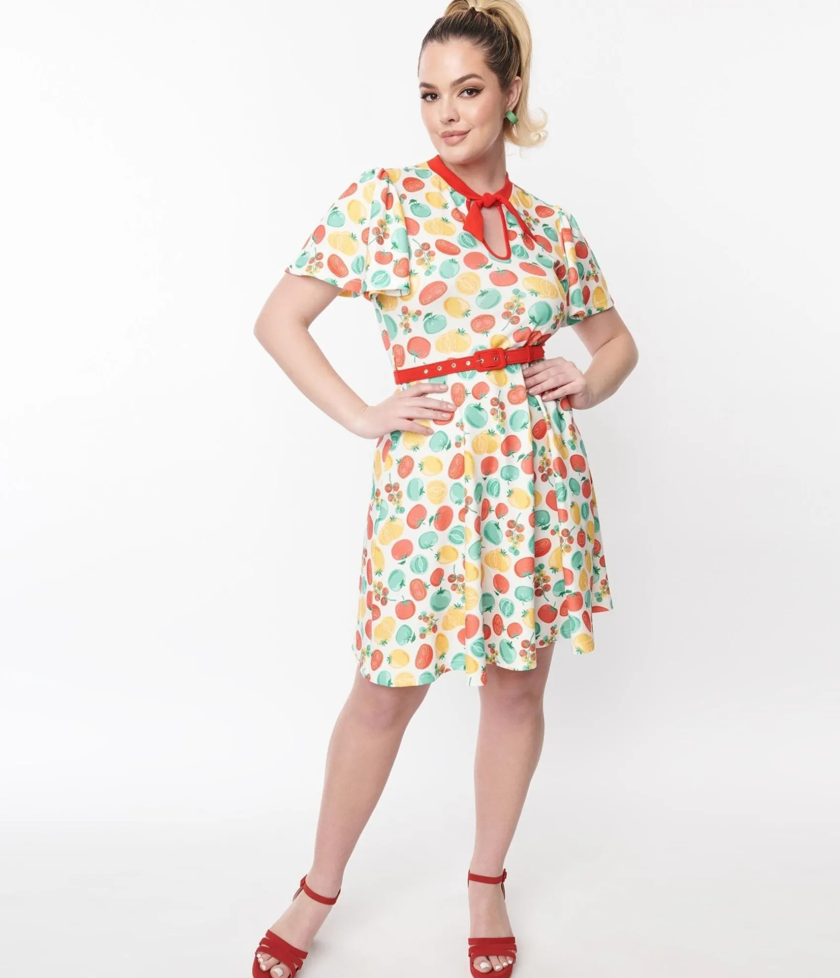 Unique Vintage Ivory & Red Tomato Print Flare Dress Clearance