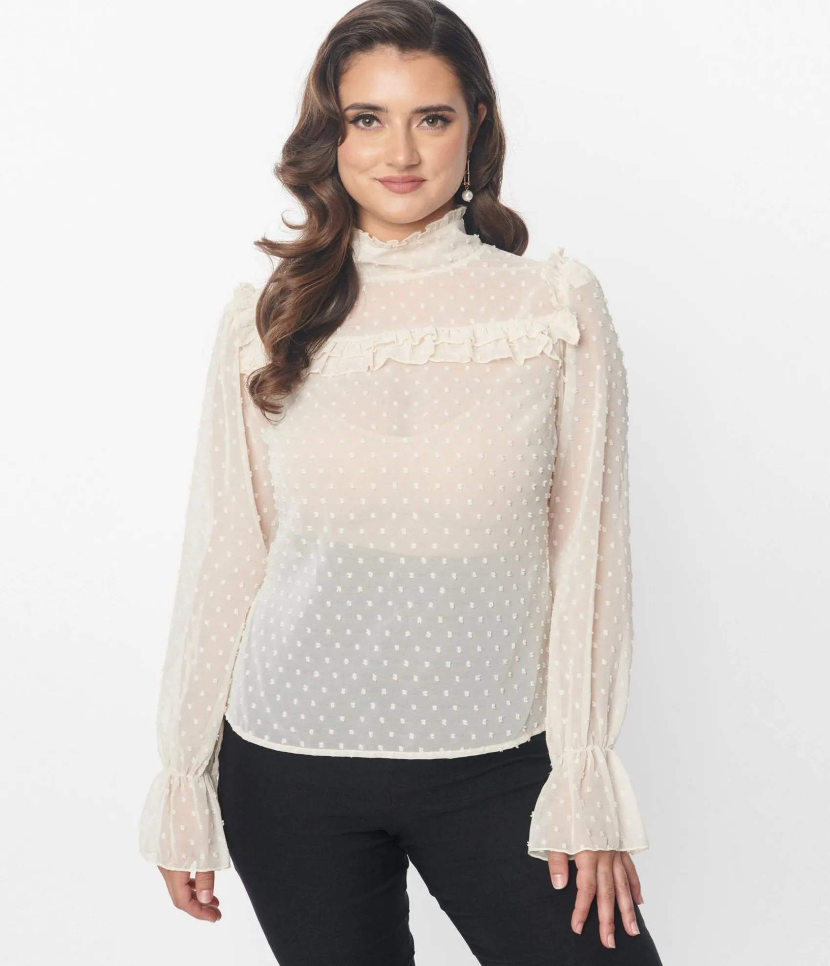 Unique Vintage Ivory Clip Dot Donna Blouse Cheap