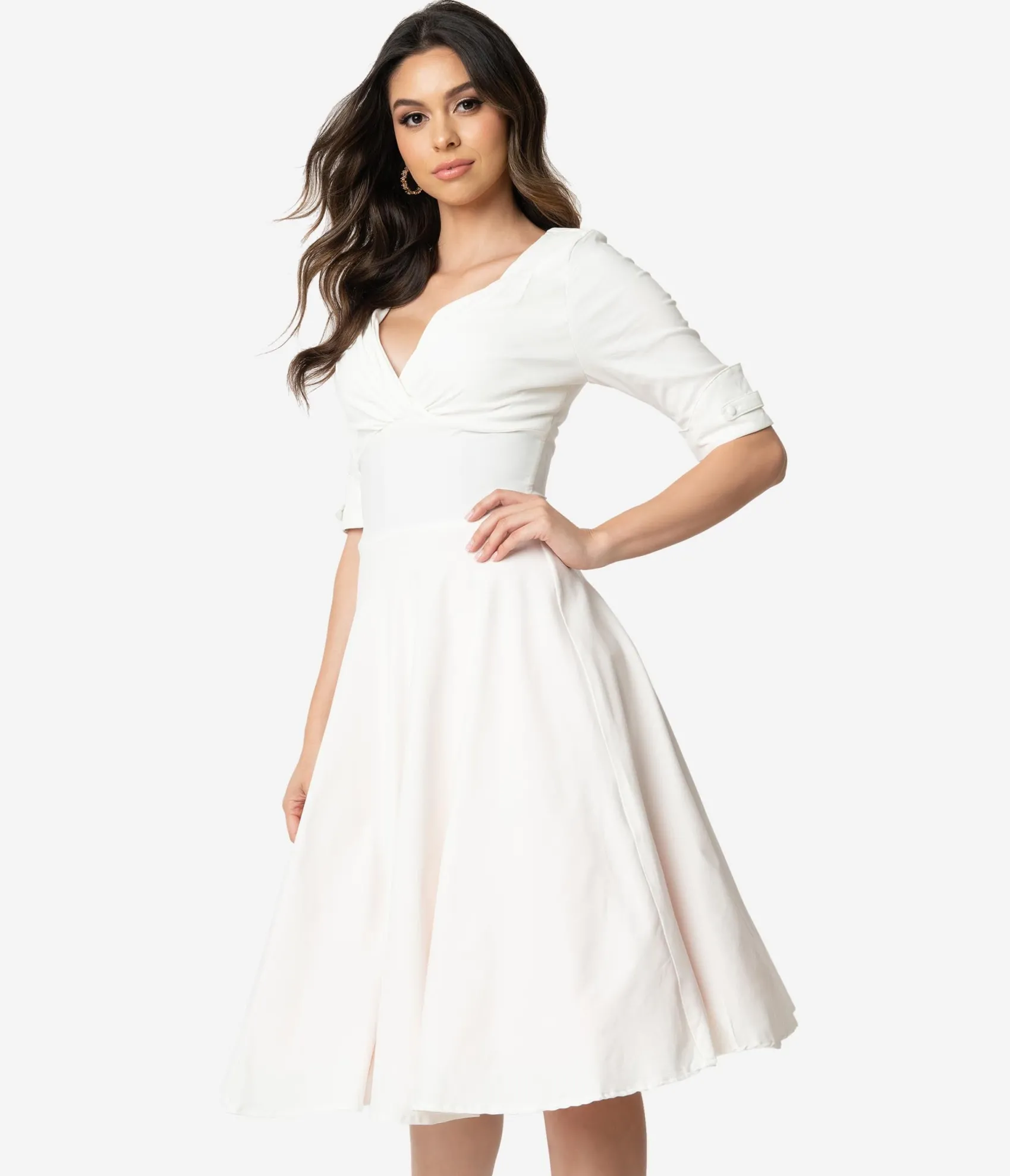 Unique Vintage Ivory Delores Swing Dress with Sleeves Online