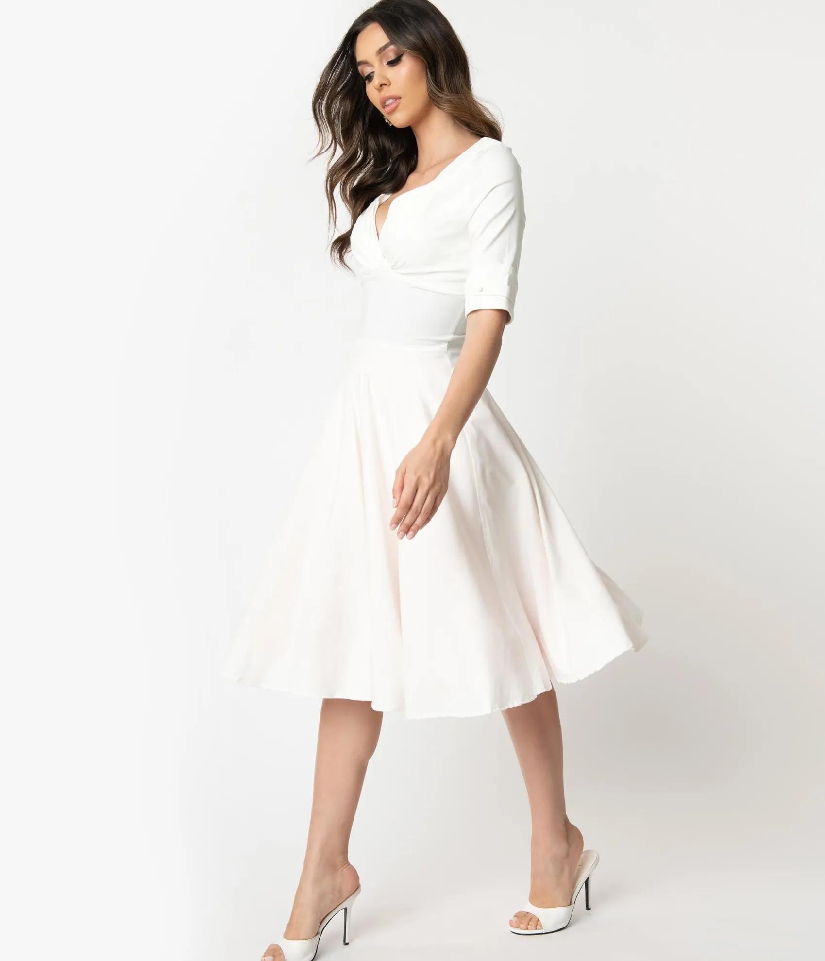 Unique Vintage Ivory Delores Swing Dress with Sleeves Online