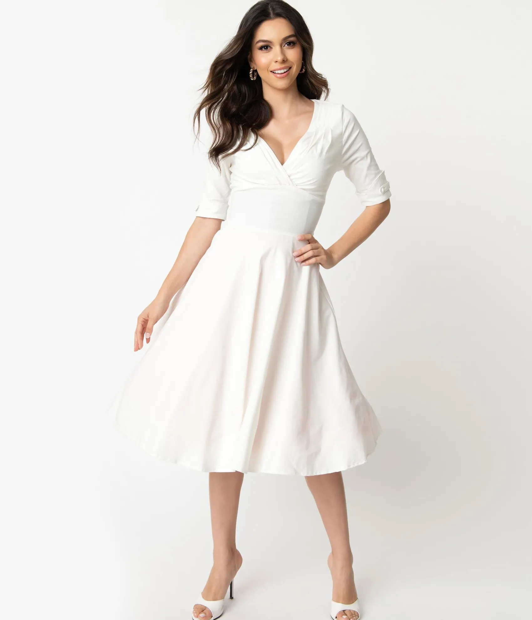 Unique Vintage Ivory Delores Swing Dress with Sleeves Online