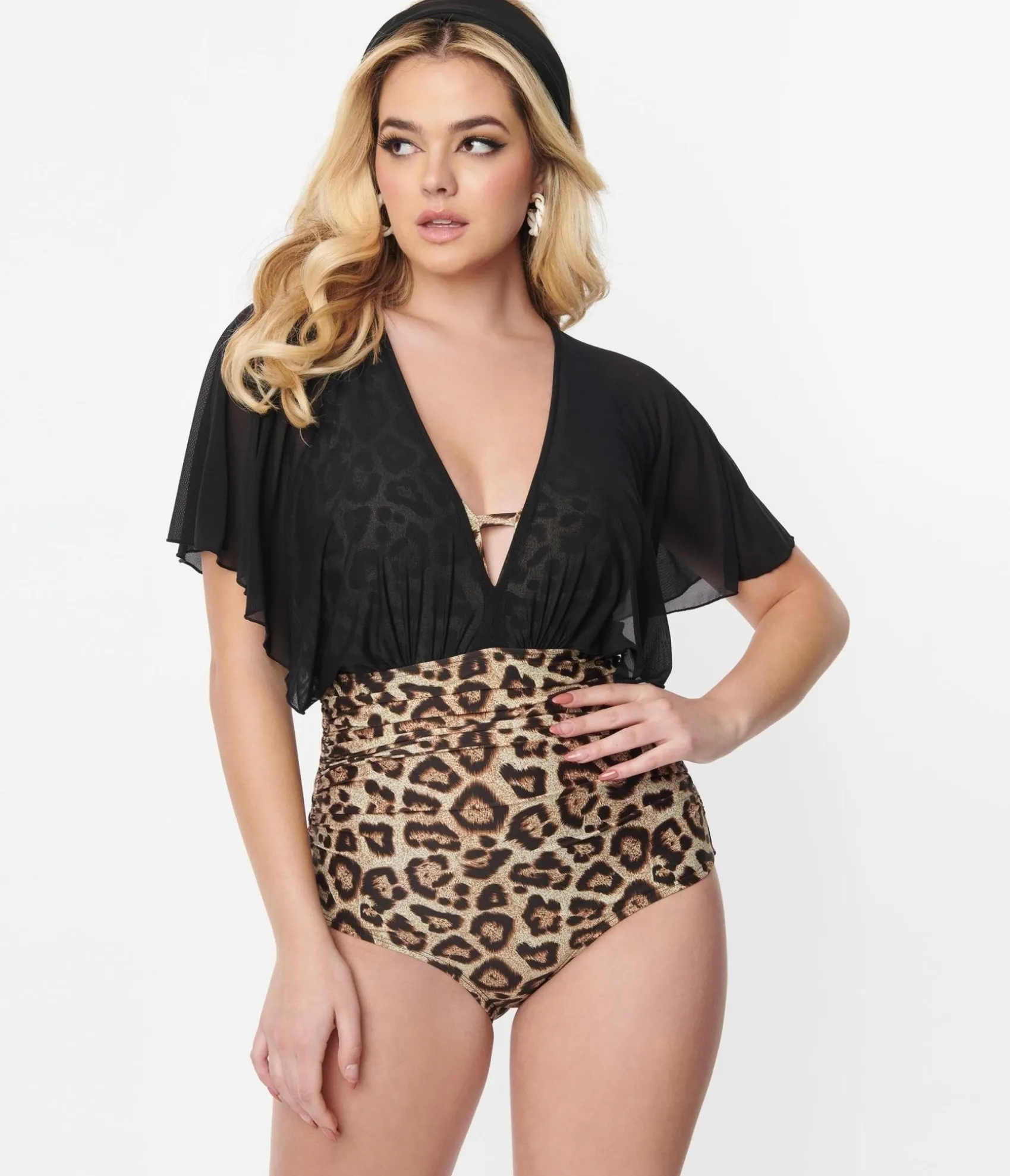 Unique Vintage Leopard & Black Mesh Sleeved Torrey Swimsuit Cheap