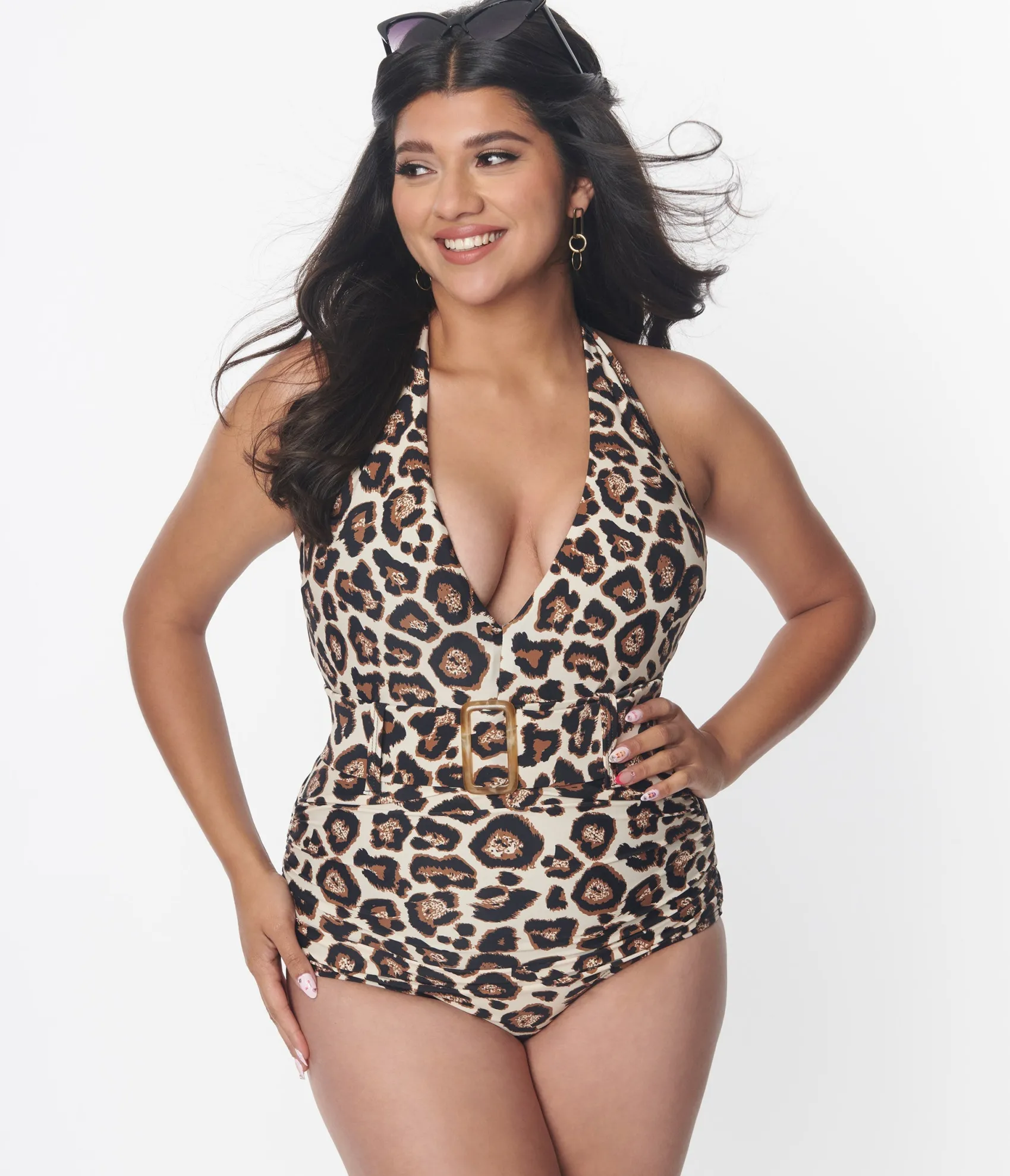 Unique Vintage Leopard Print Belted Halter Swimsuit Sale