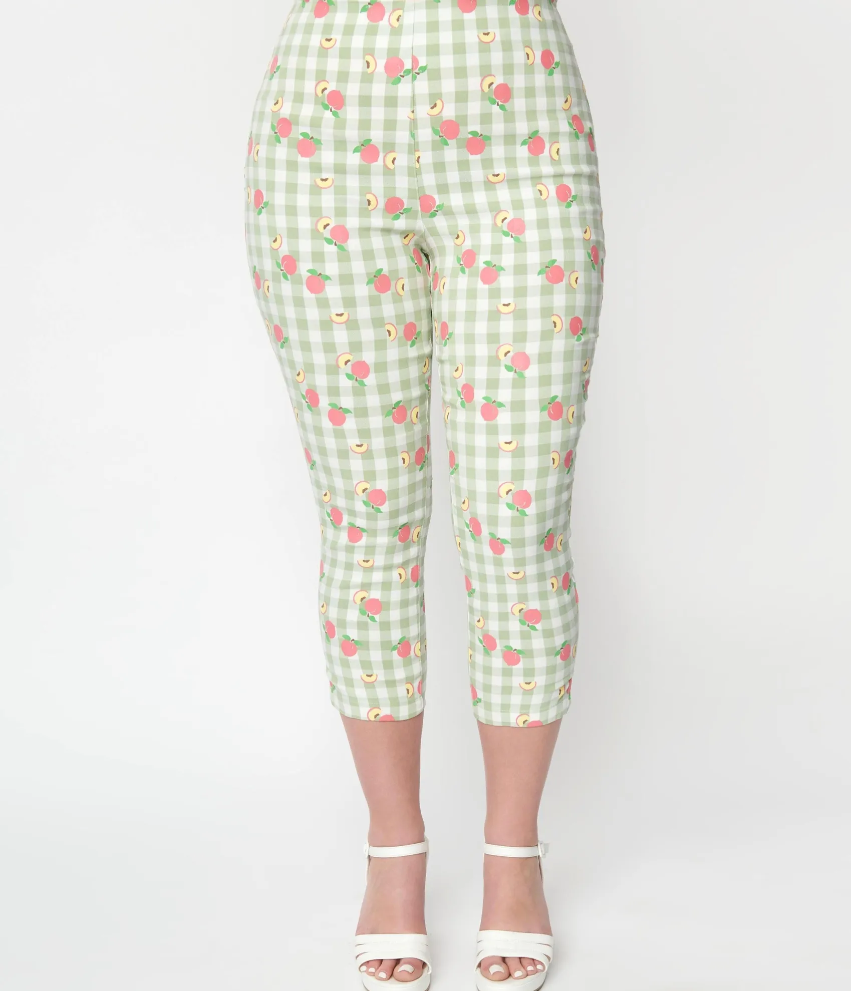 Unique Vintage Light Green Gingham & Peaches Rachelle Capri Pants Shop