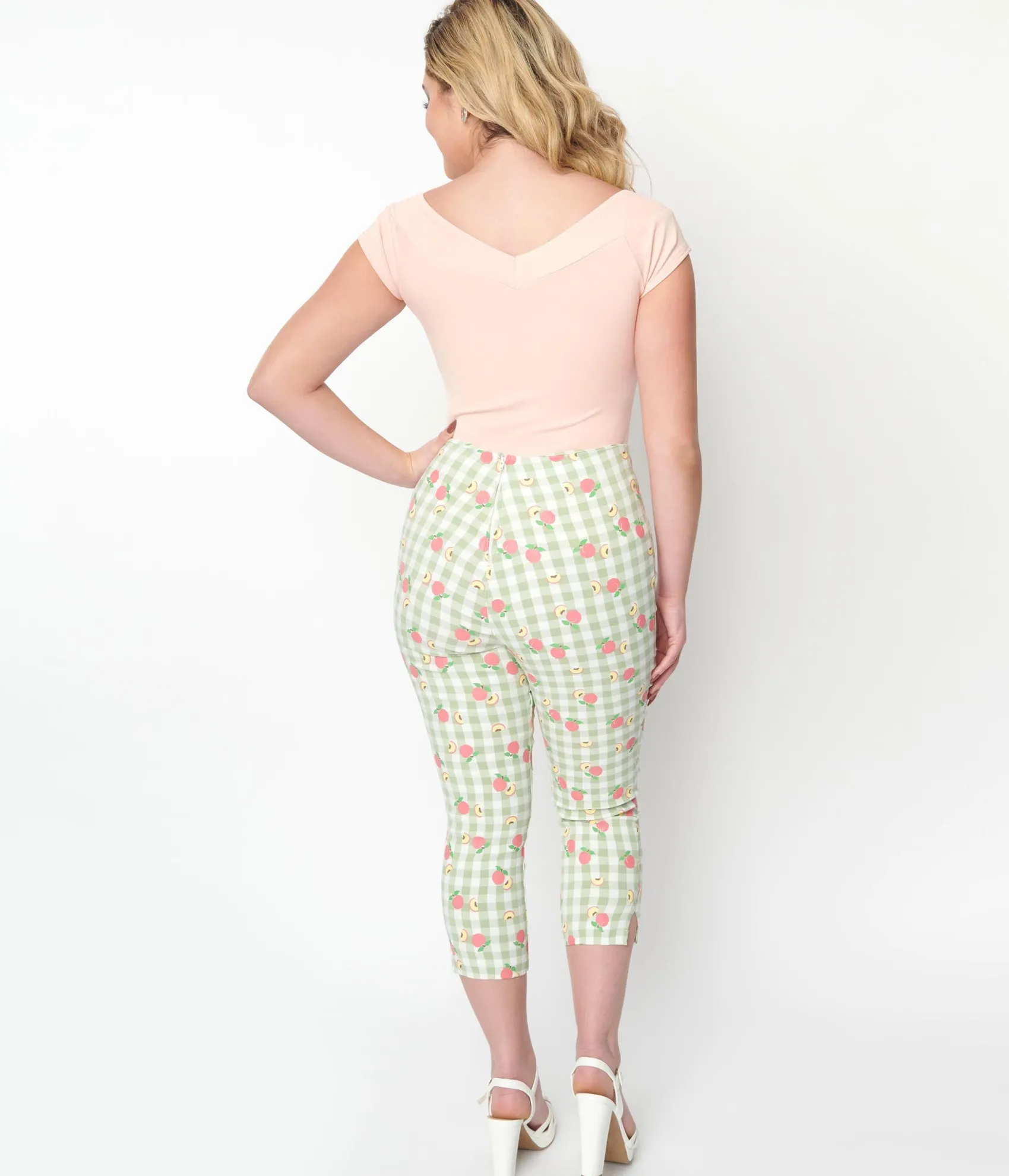Unique Vintage Light Green Gingham & Peaches Rachelle Capri Pants Shop