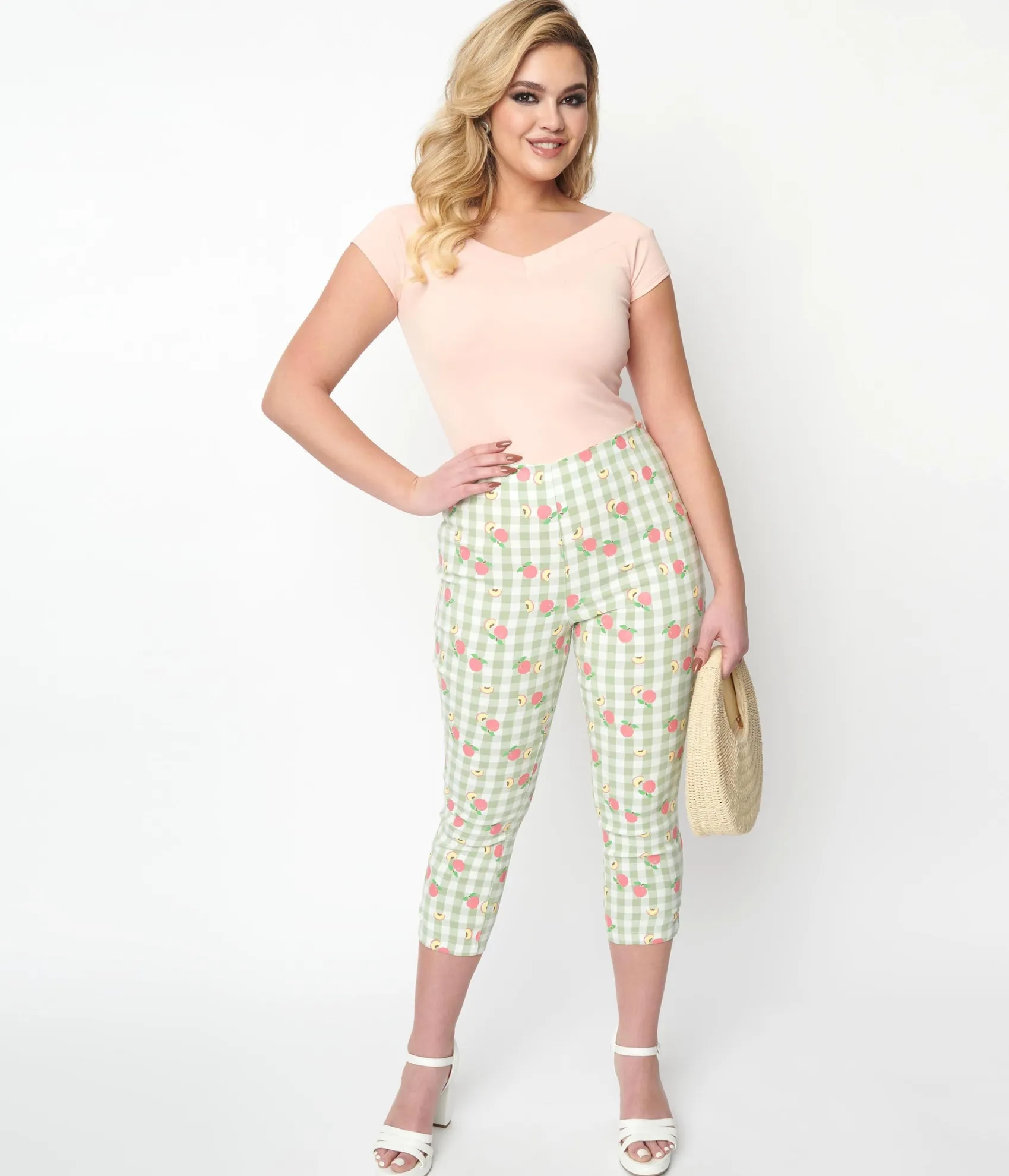 Unique Vintage Light Green Gingham & Peaches Rachelle Capri Pants Shop