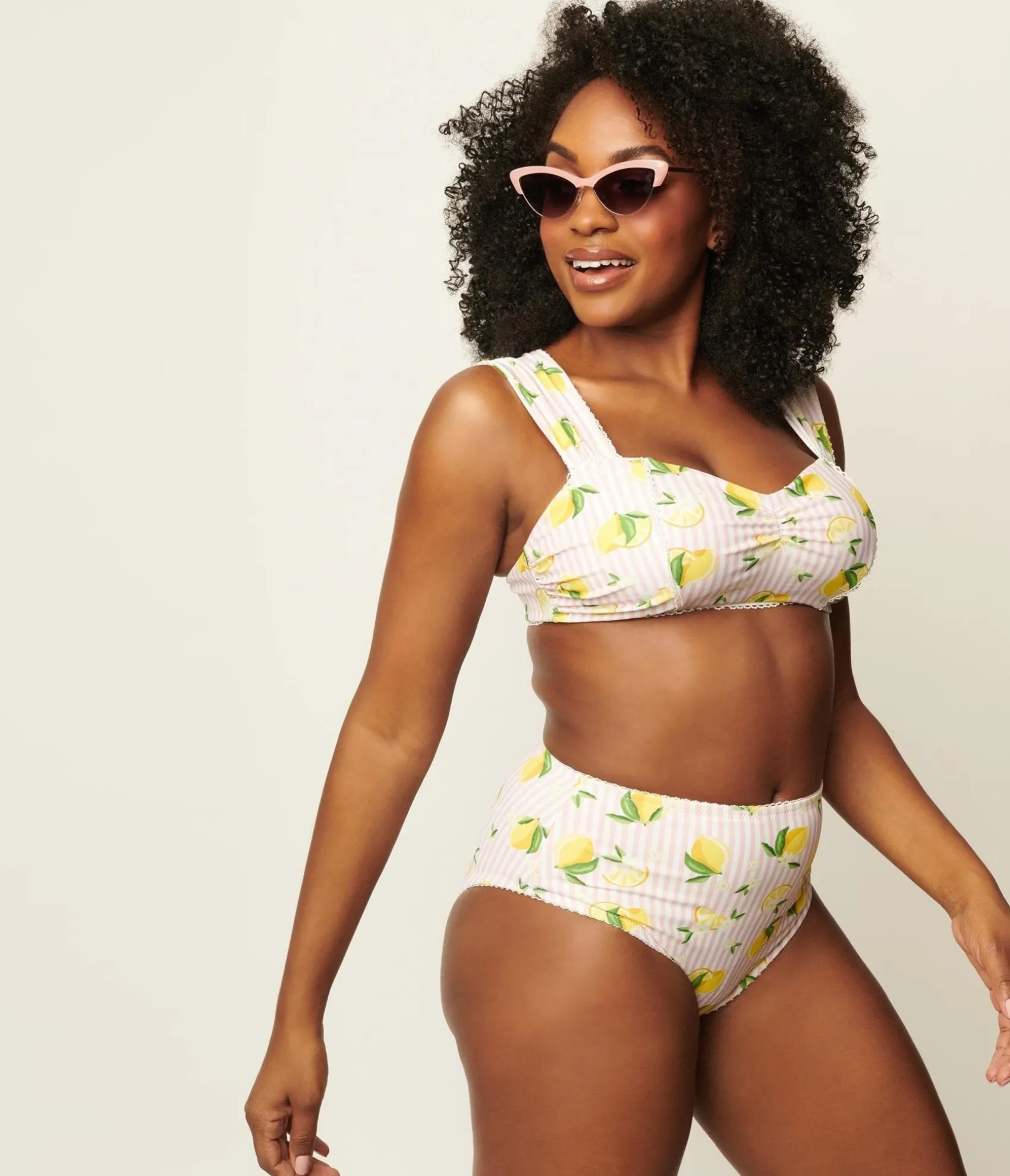 Unique Vintage Light Pink Stripes & Lemons Ruched & Ready Swim Top Cheap