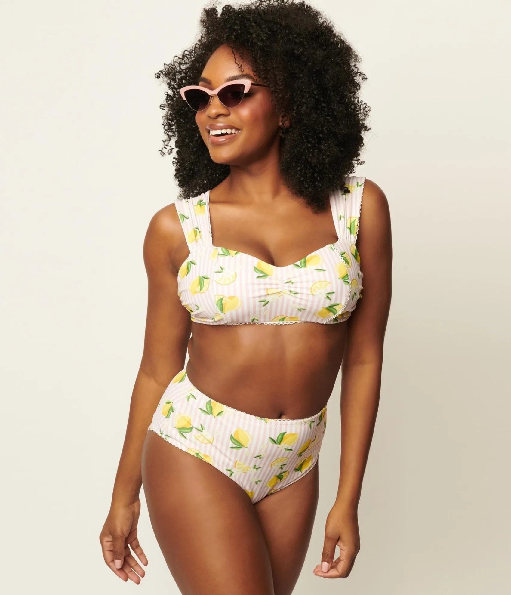 Unique Vintage Light Pink Stripes & Lemons Ruched & Ready Swim Top Cheap