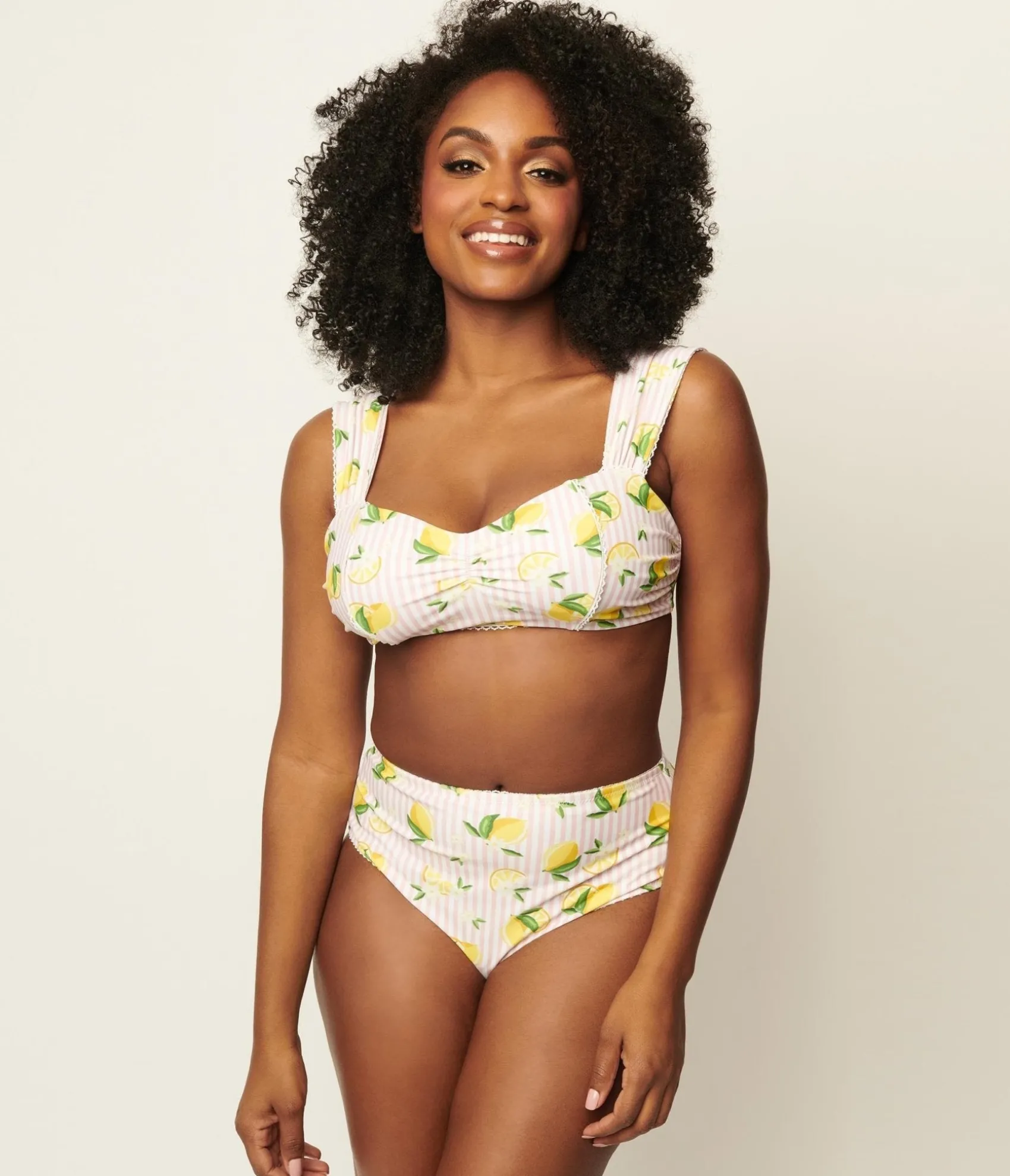 Unique Vintage Light Pink Stripes & Lemons Ruched & Ready Swim Top Cheap