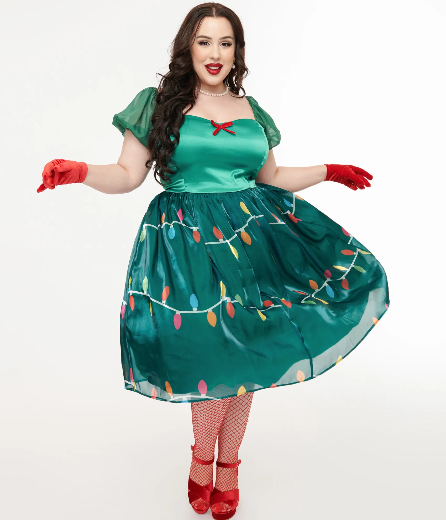 Unique Vintage Light Up Plus Size 1950s Green Christmas Lights Print Sweetheart Dress Hot