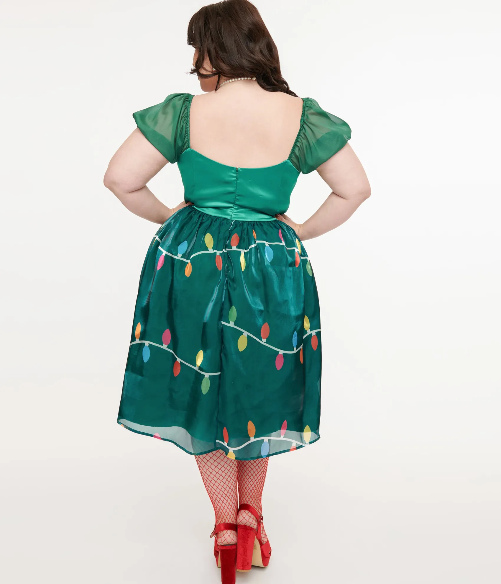 Unique Vintage Light Up Plus Size 1950s Green Christmas Lights Print Sweetheart Dress Hot
